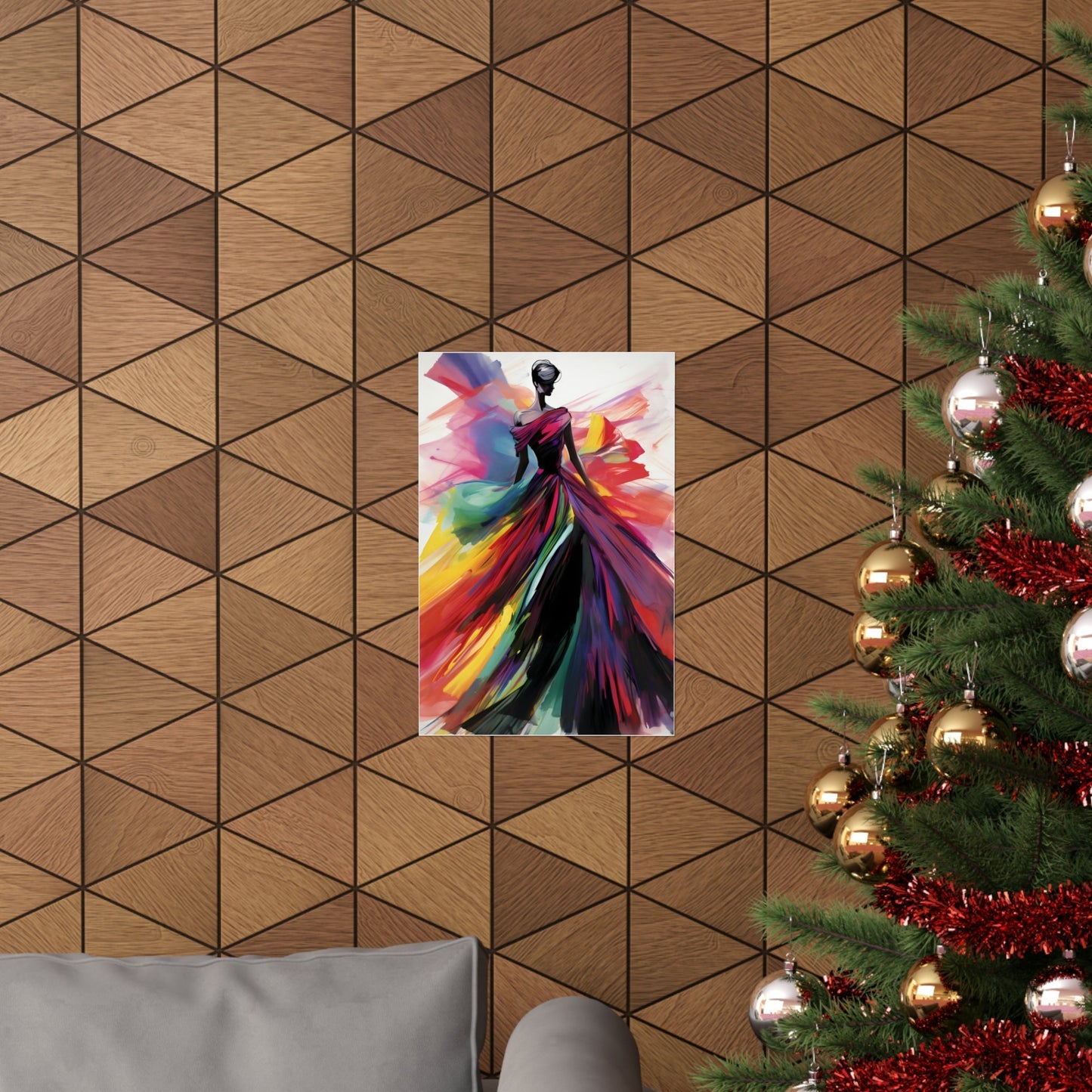 A christmas tree with a colorful dress hanging on it