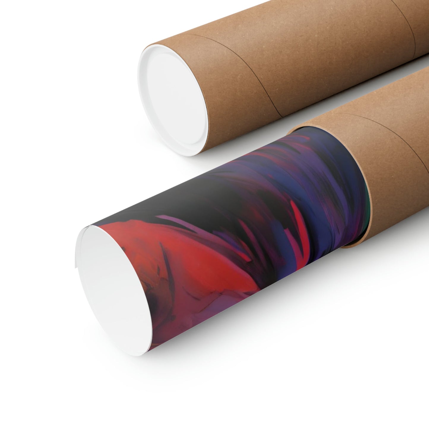 Two rolls of brown paper with a red and blue swirl on them