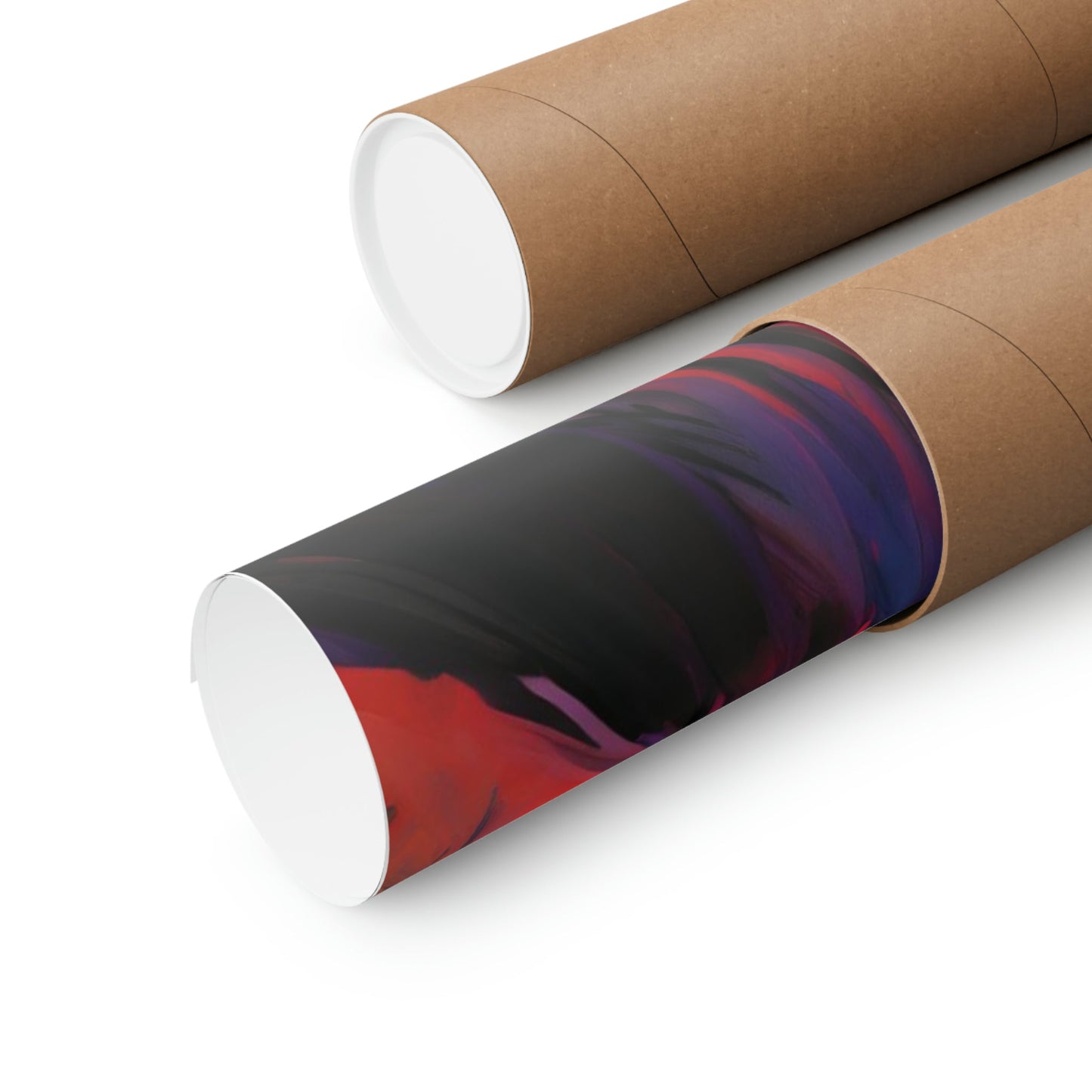 Two rolls of brown paper with a red and blue swirl design