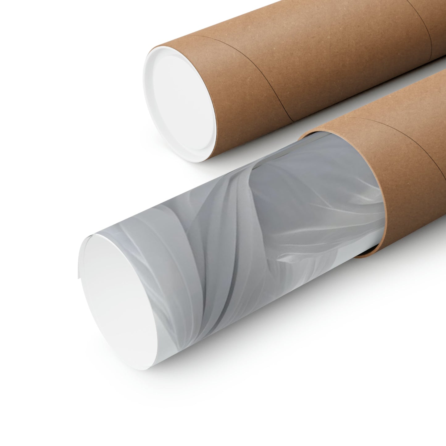 Two rolls of brown paper with white paper on them