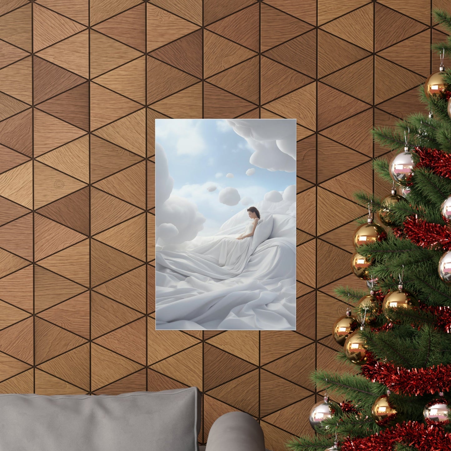 A christmas tree with a picture of a woman in a white dress