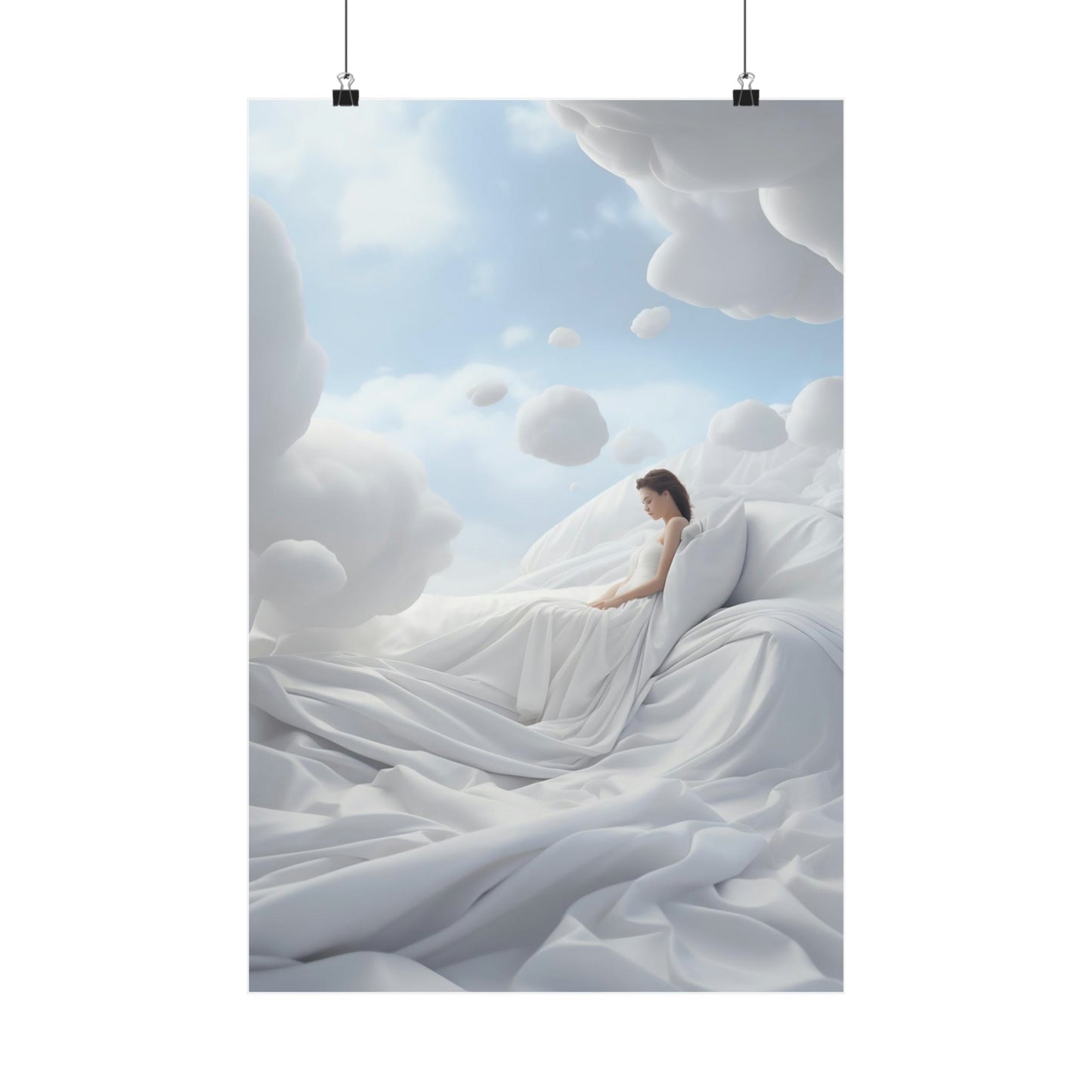 A woman in a white dress is lying on a cloud covered with white sheets