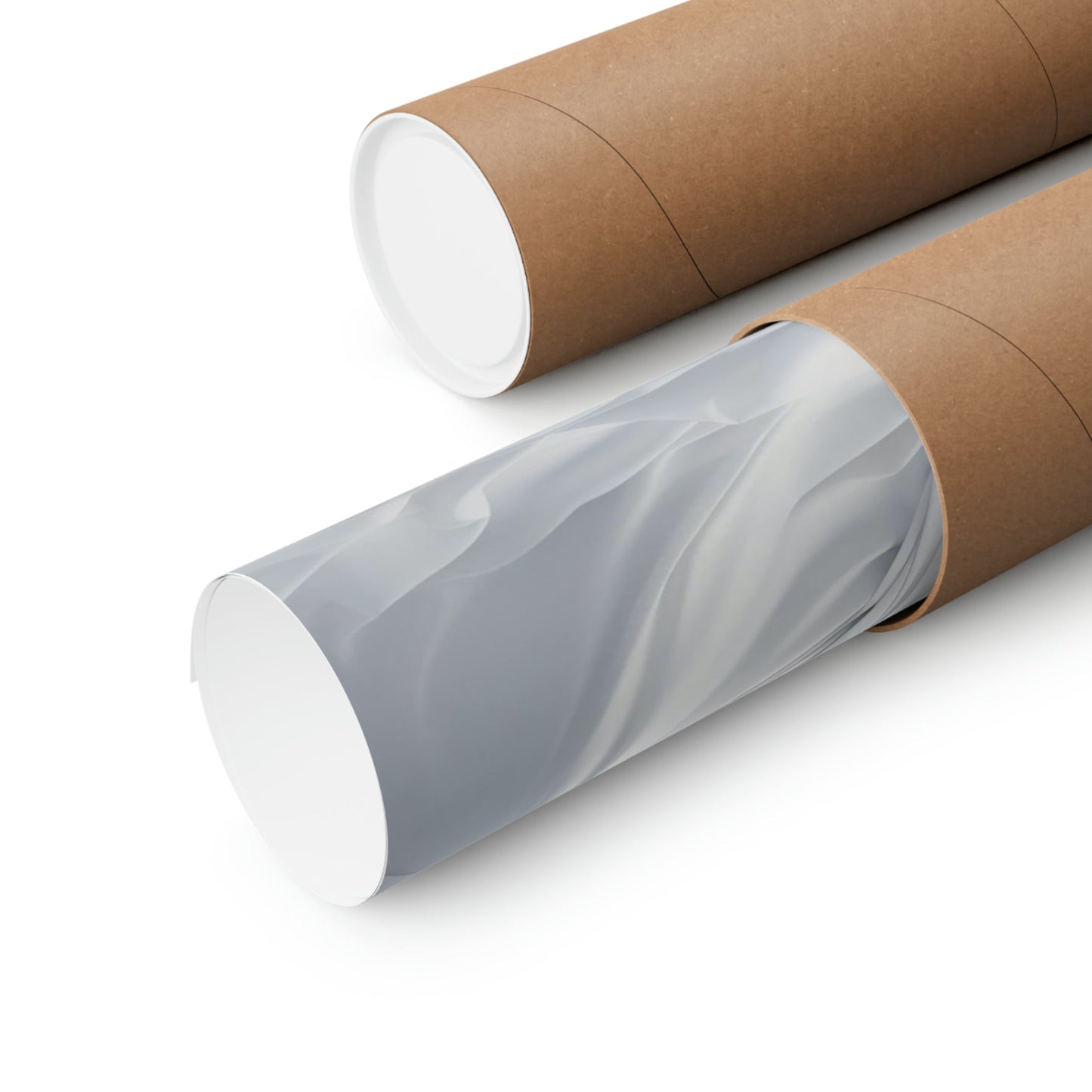 Two rolls of brown paper with white paper on them