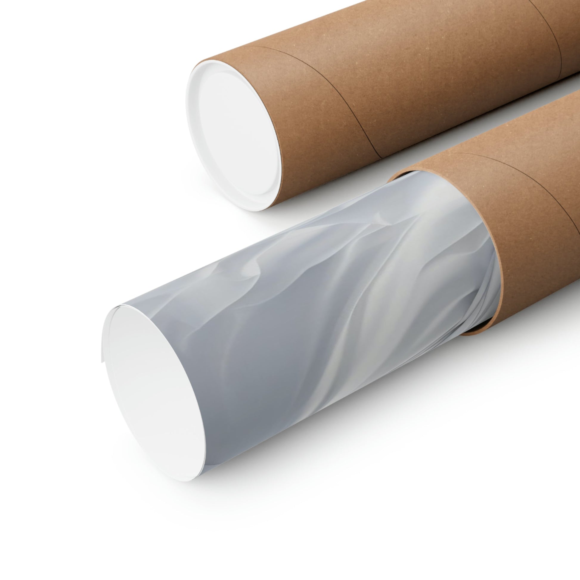Two rolls of brown paper with white paper on them