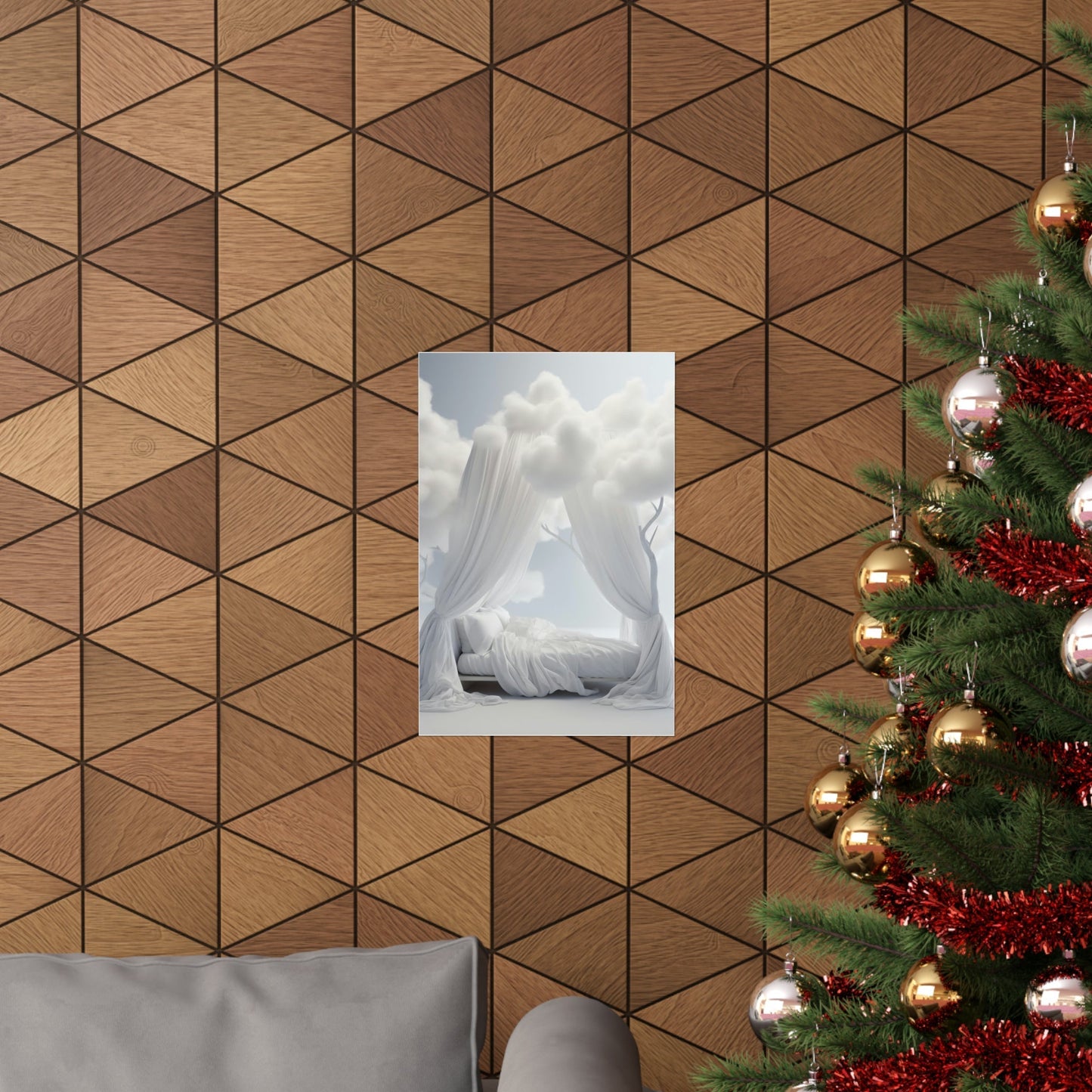 A christmas tree with a picture of a woman in a white dress