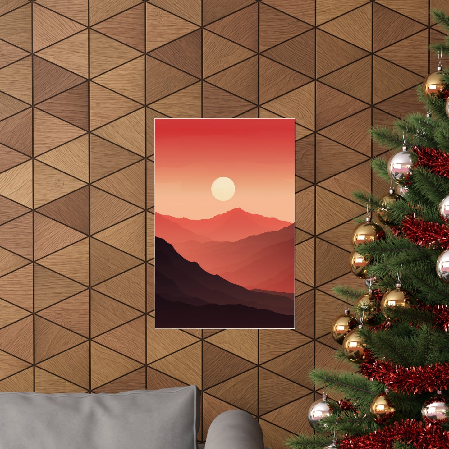 A christmas tree with a red sunset