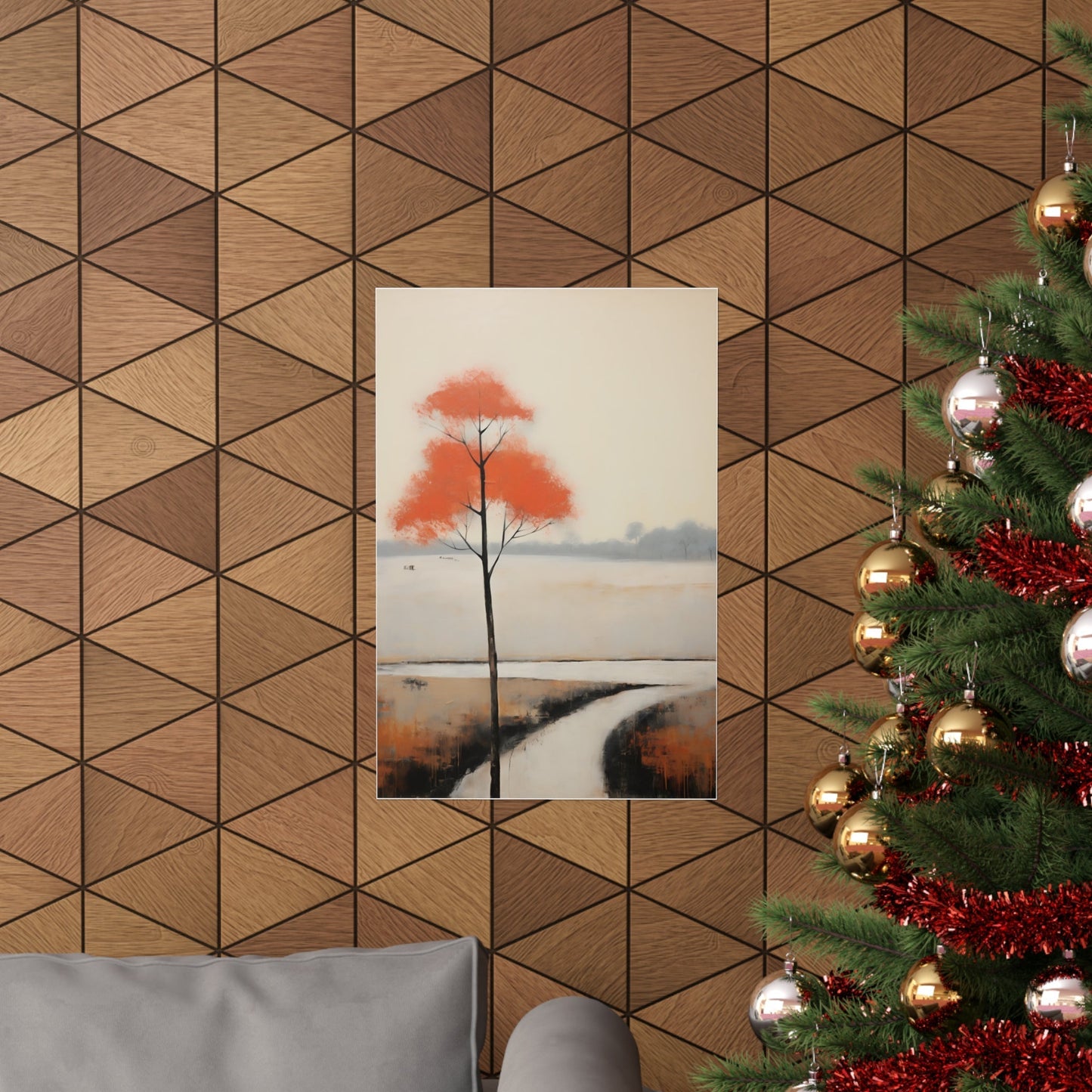 A christmas tree with a red and white painting on it