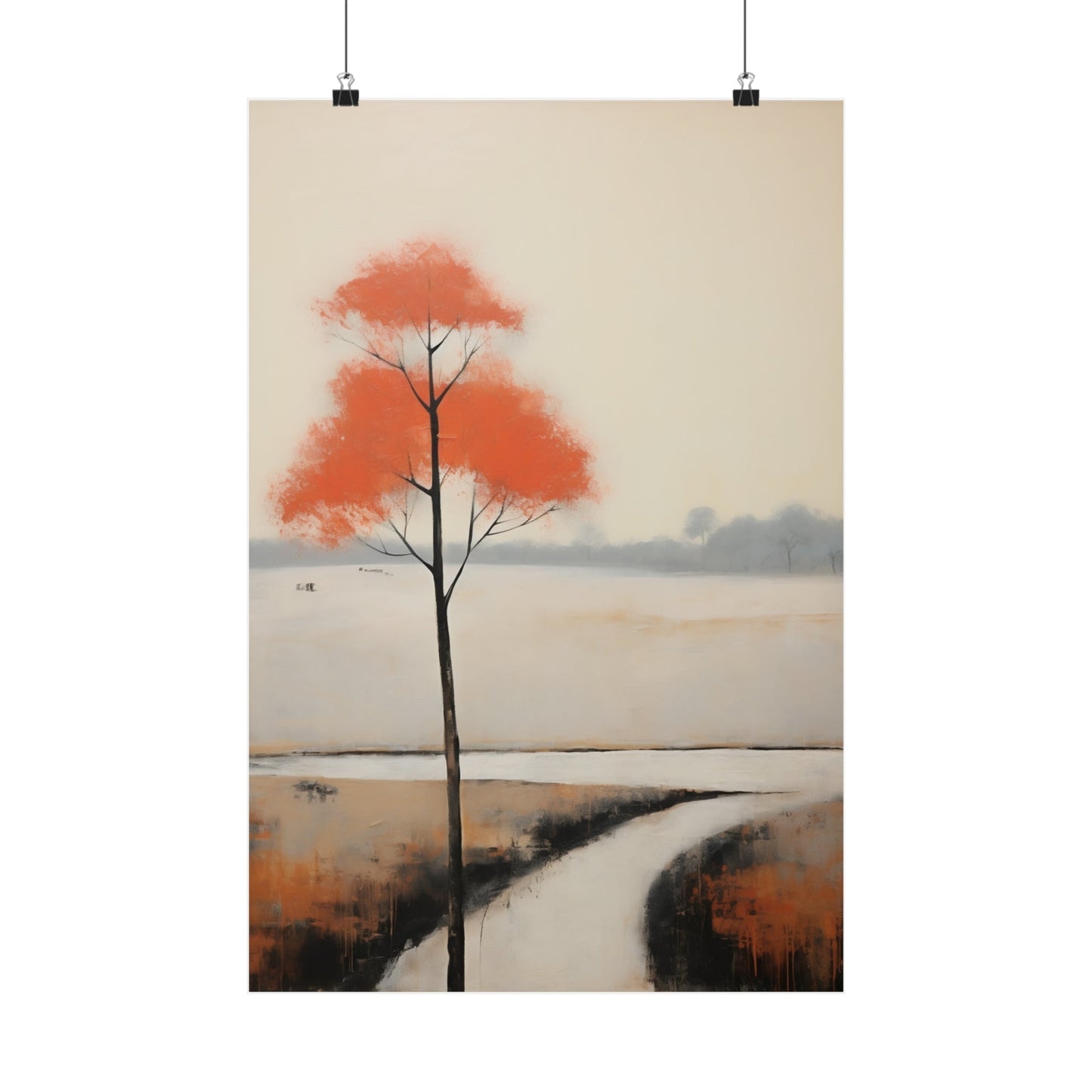 A painting of a tree with a red leaf on it