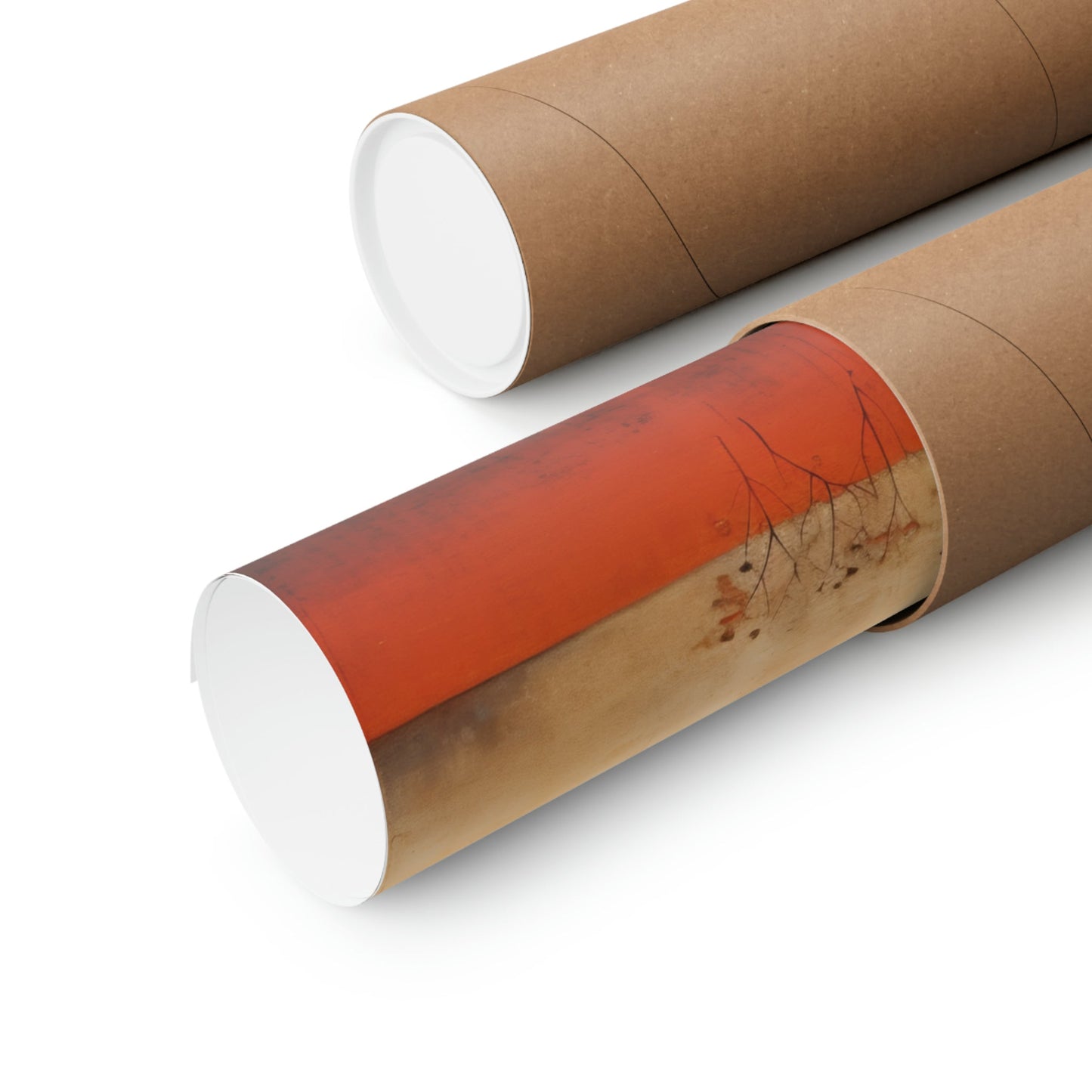 Two rolls of brown paper with a red and orange background