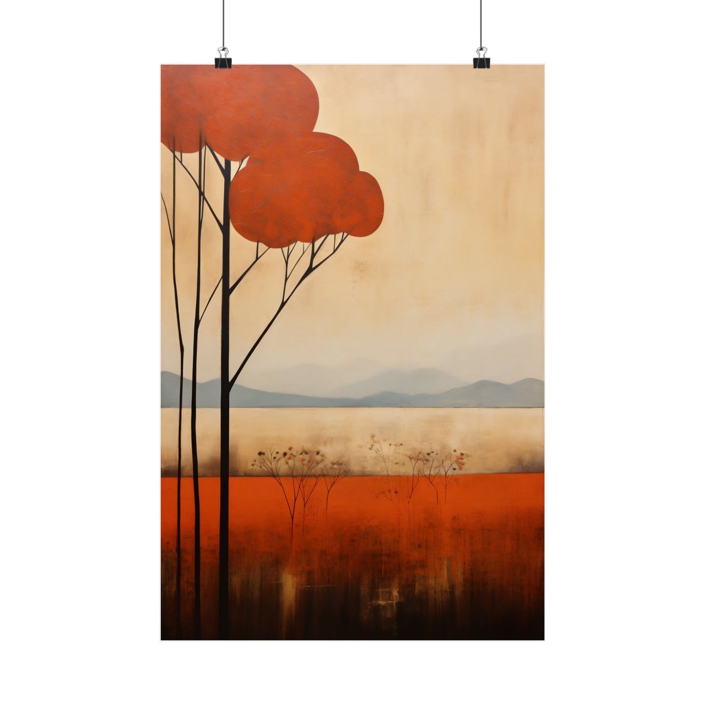 A painting of trees in a field with a lake in the background