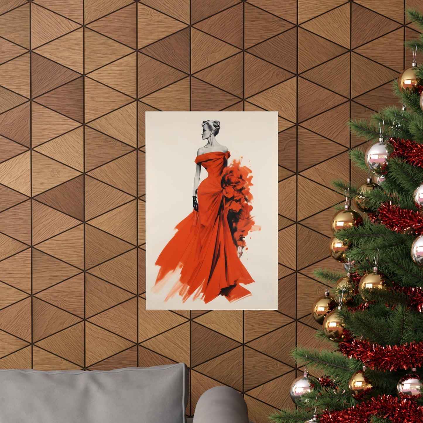 A christmas tree with a red dress on it