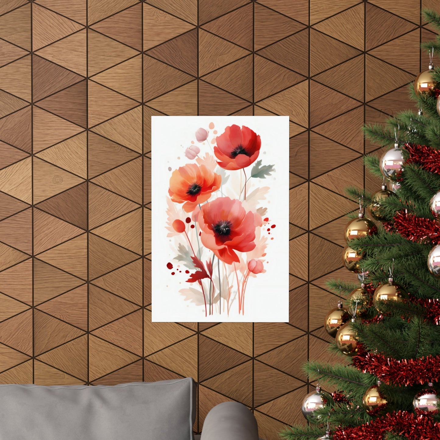 A christmas tree with red flowers and a white background