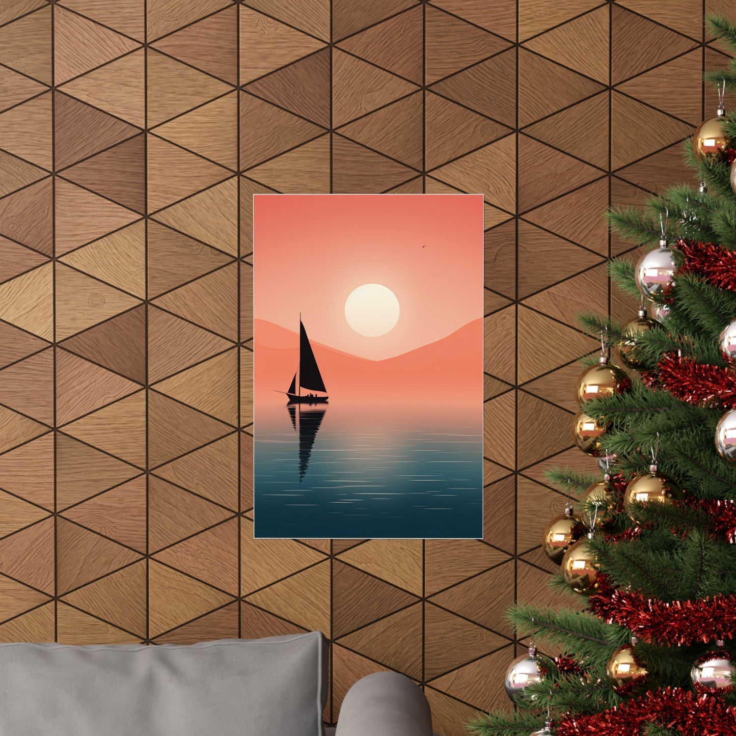 A christmas tree with a sailboat in the ocean