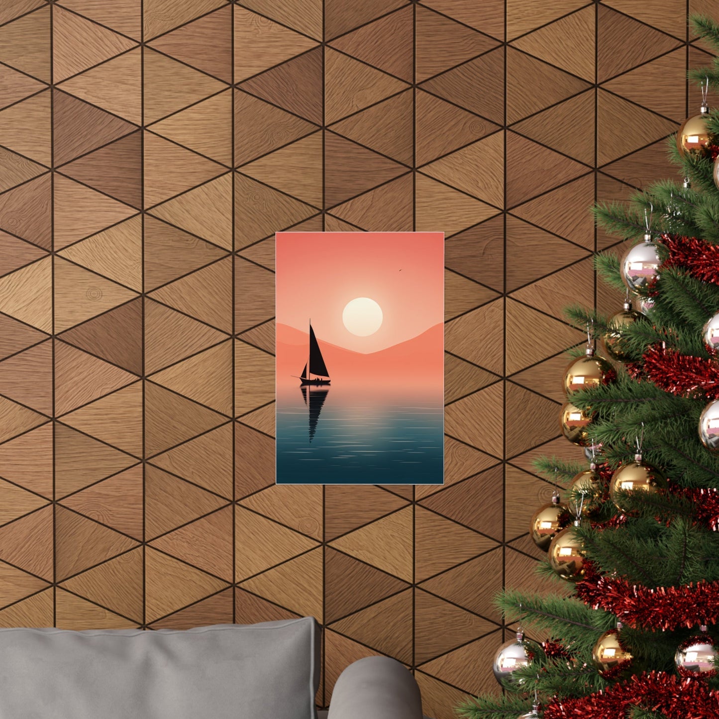 A christmas tree with a sailer in the background