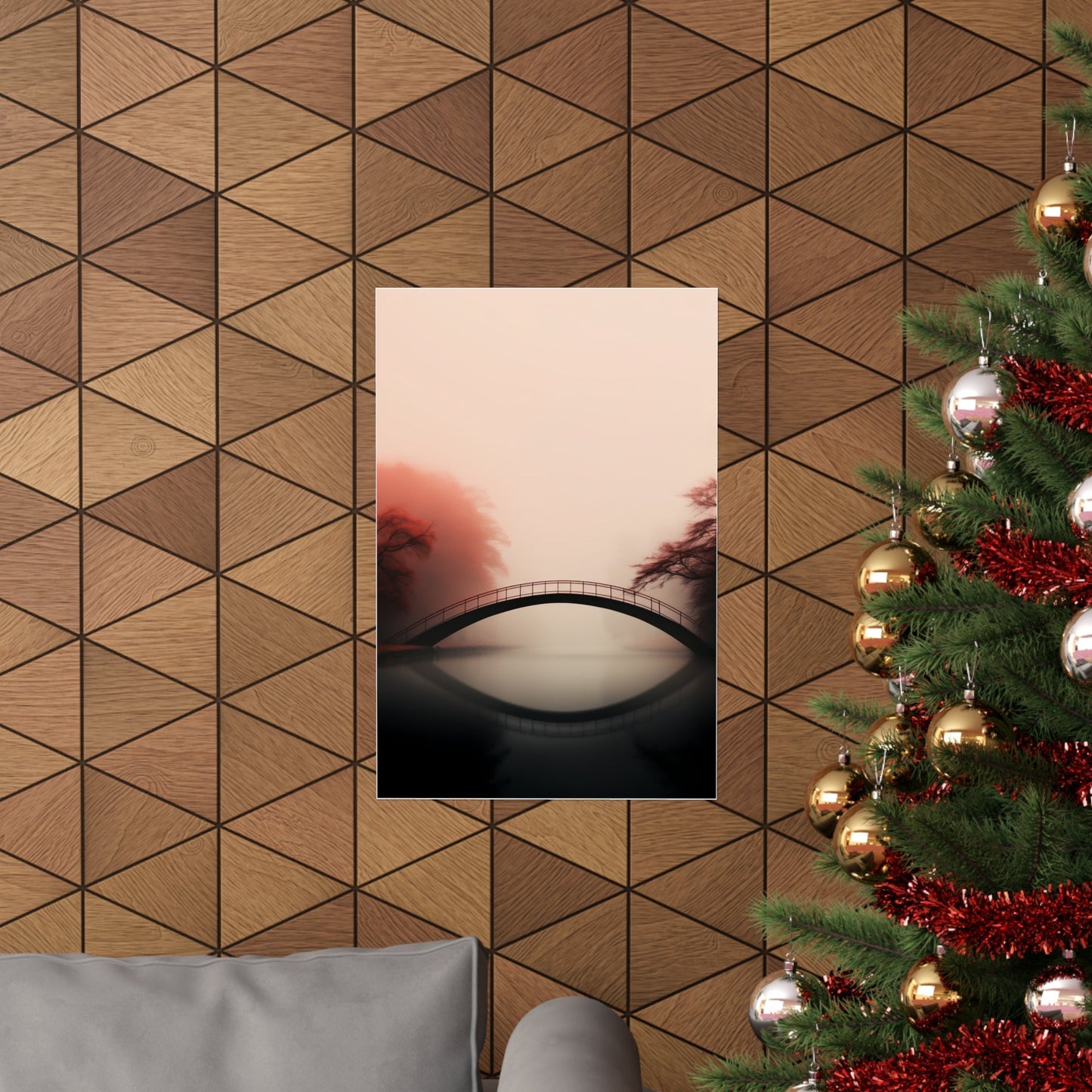 A christmas tree with a red and gold background