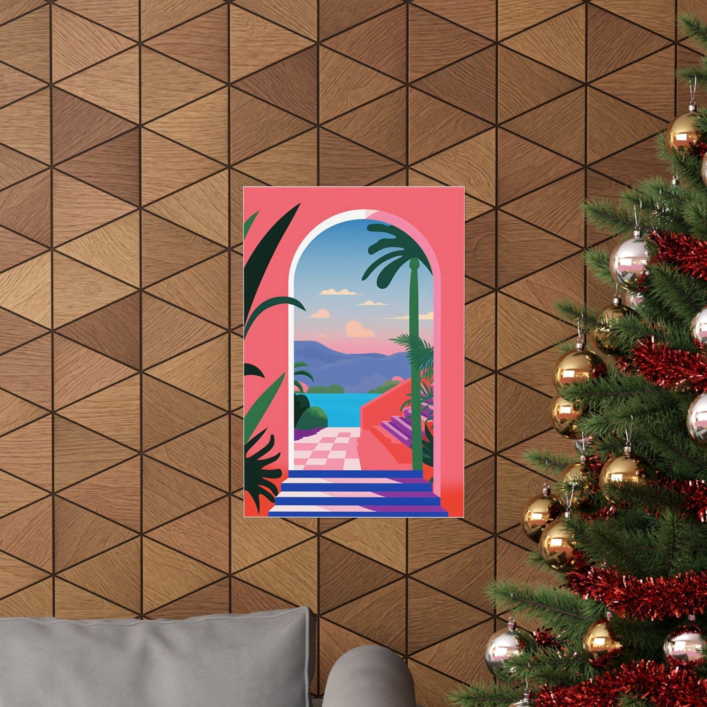 A christmas tree with a pink and green painting