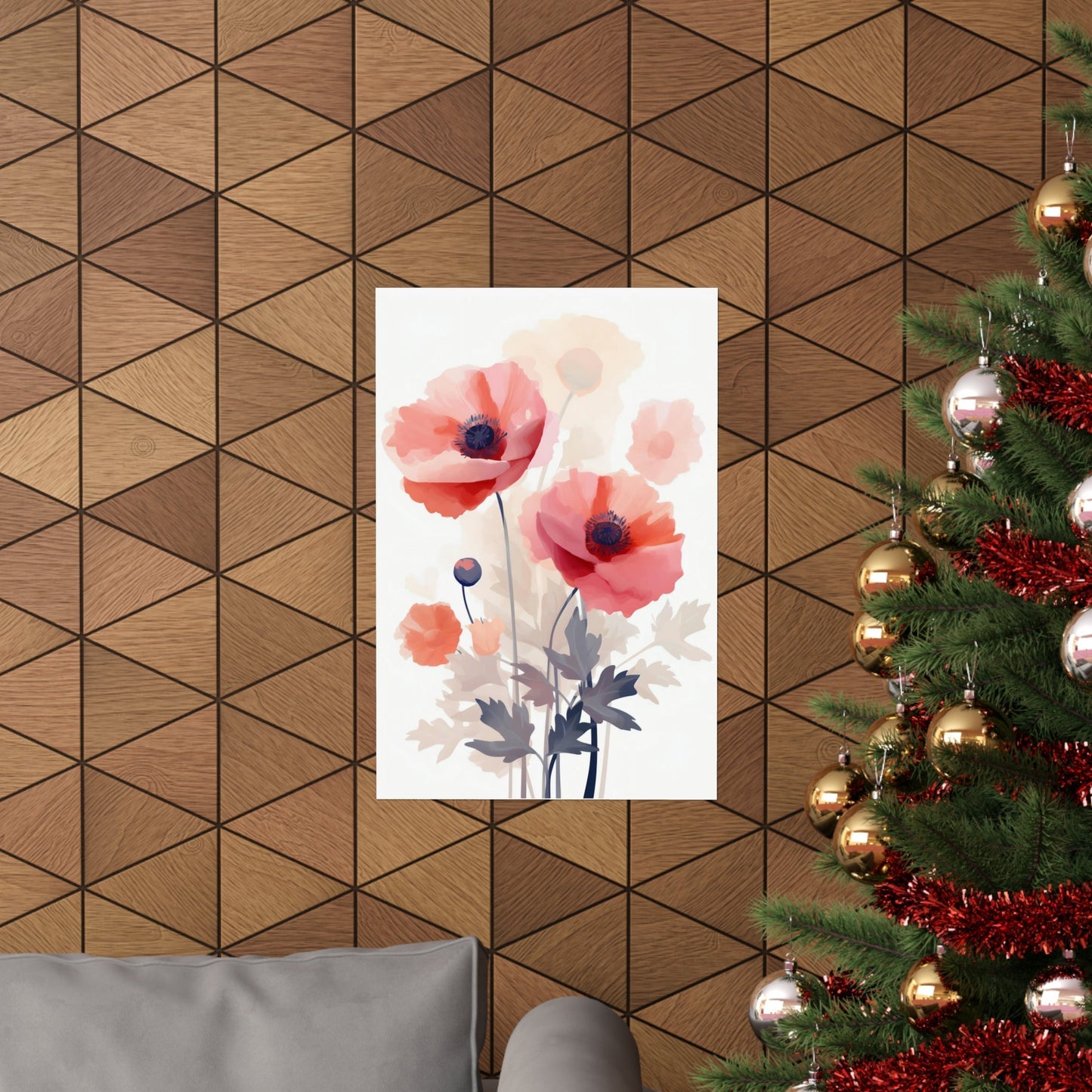 A christmas tree with red flowers and a white background