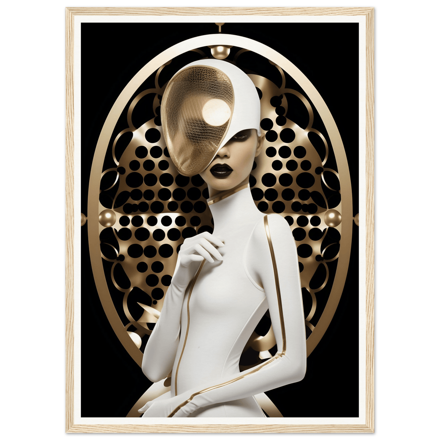 Stylized figure in white with an avant-garde headpiece against a perforated gold backdrop.