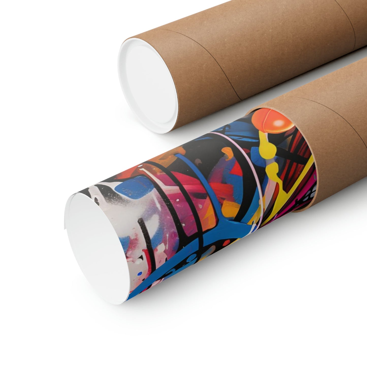 Cardboard mailing tubes, one plain and one decorated with colorful abstract artwork.