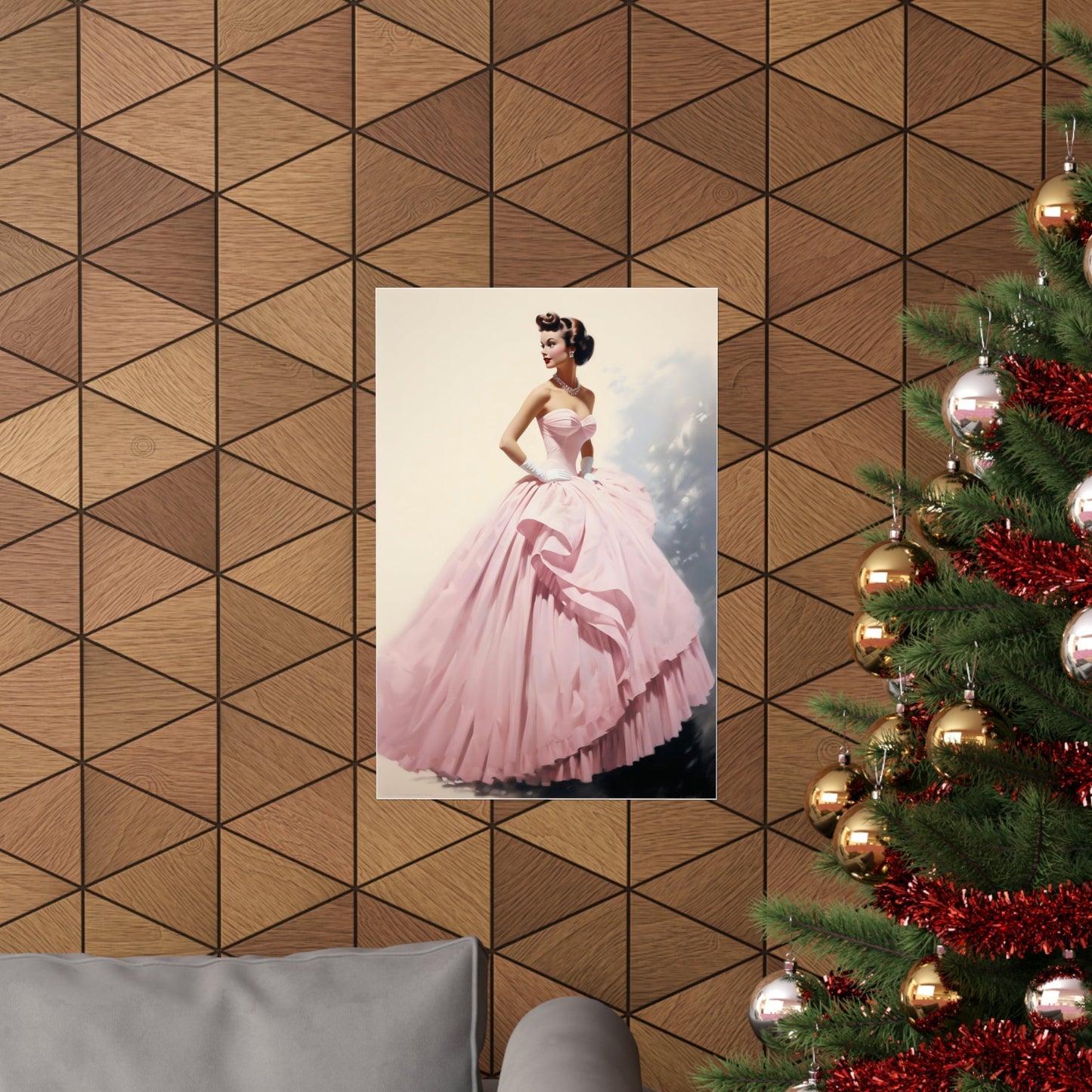 Portrait of a woman in a voluminous pink ball gown.