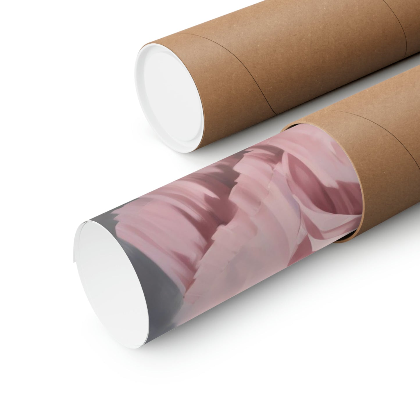 Cardboard mailing tubes, one open showing pink tissue paper inside.