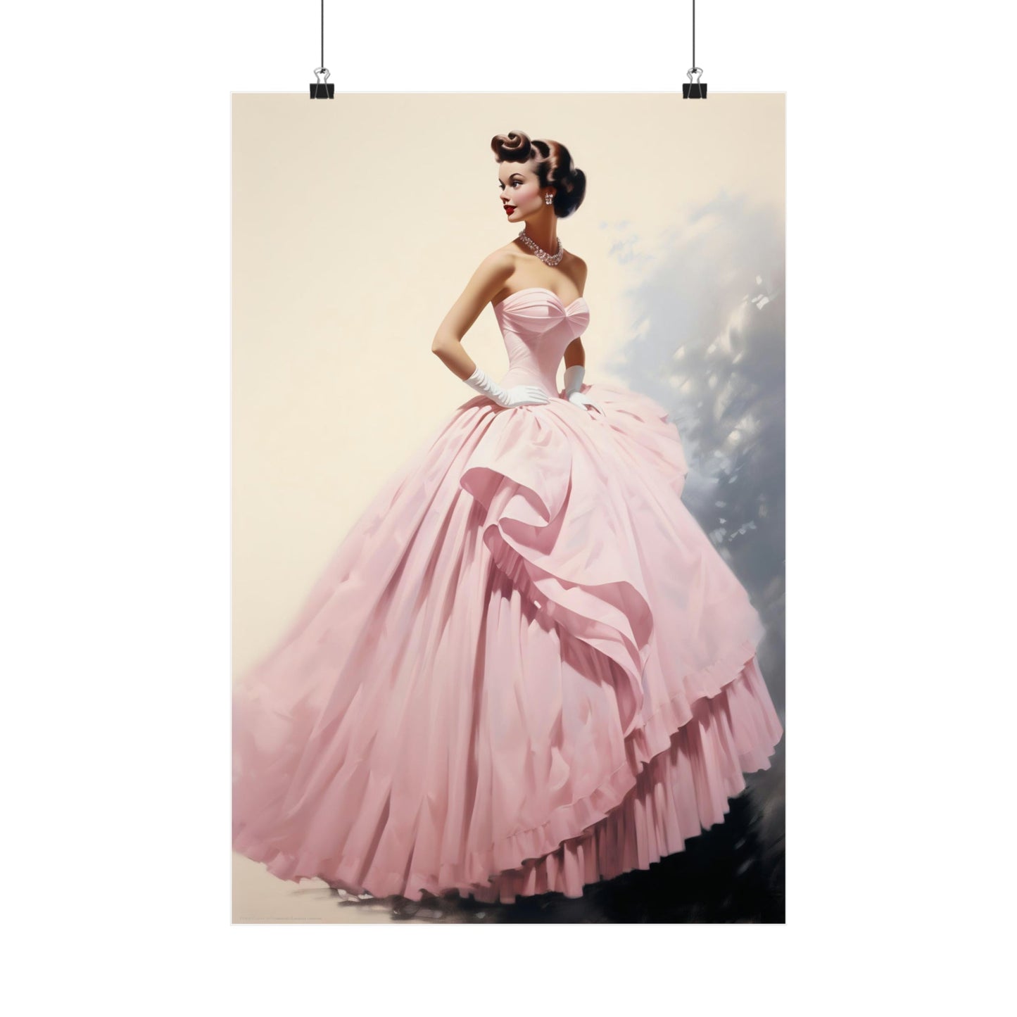 Pink strapless ball gown with a voluminous skirt and fitted bodice.