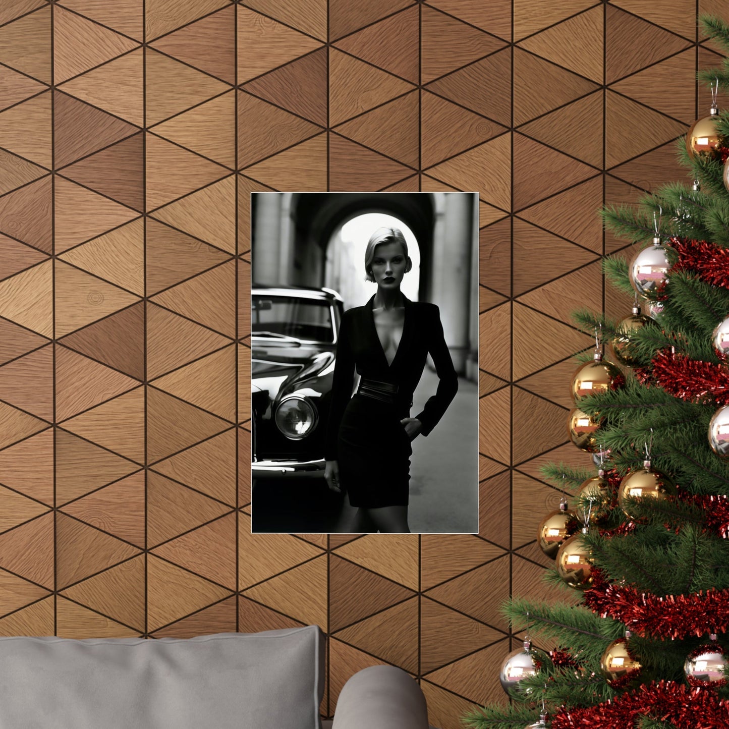 A christmas tree with a picture of a woman