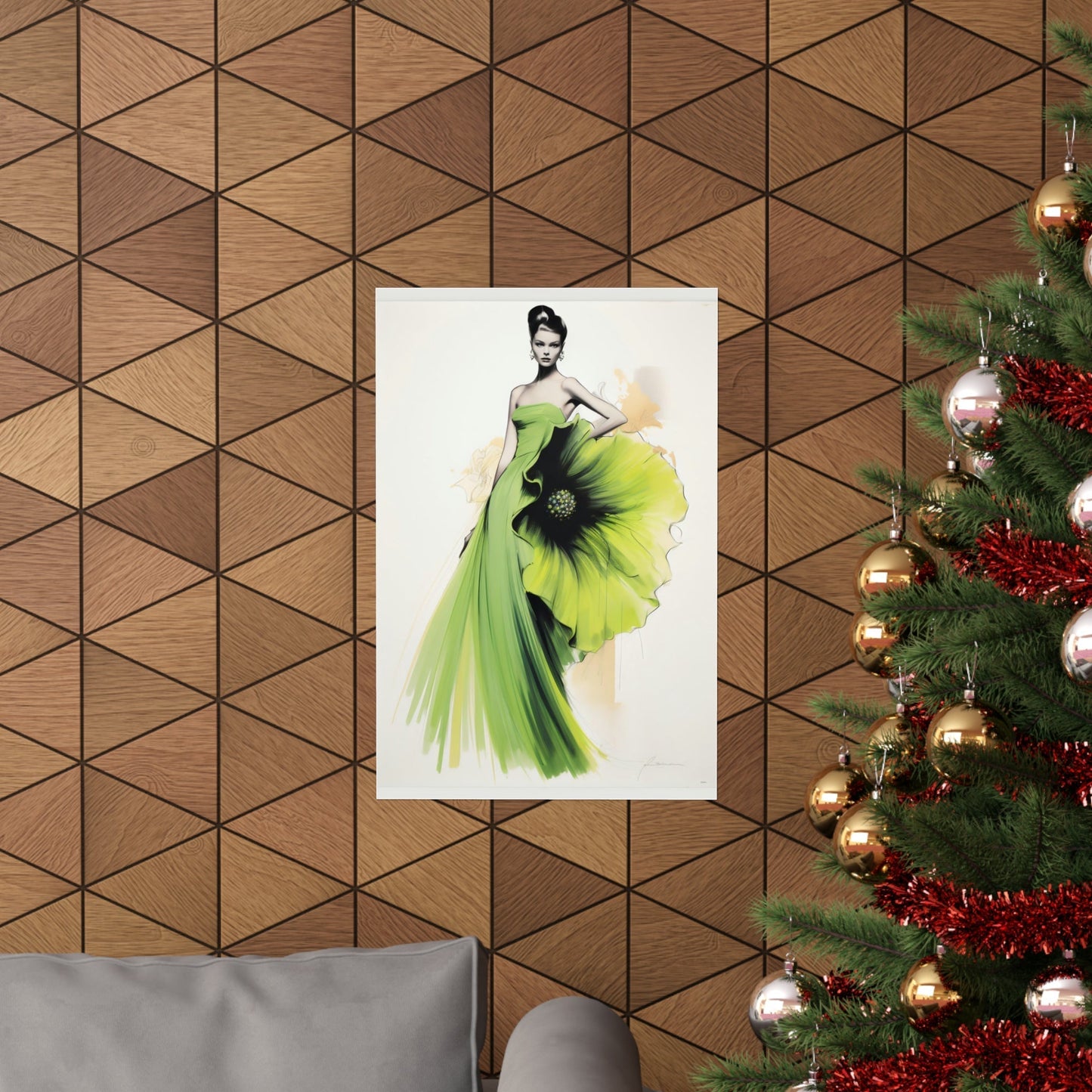 A christmas tree with a picture of a woman in a green dress