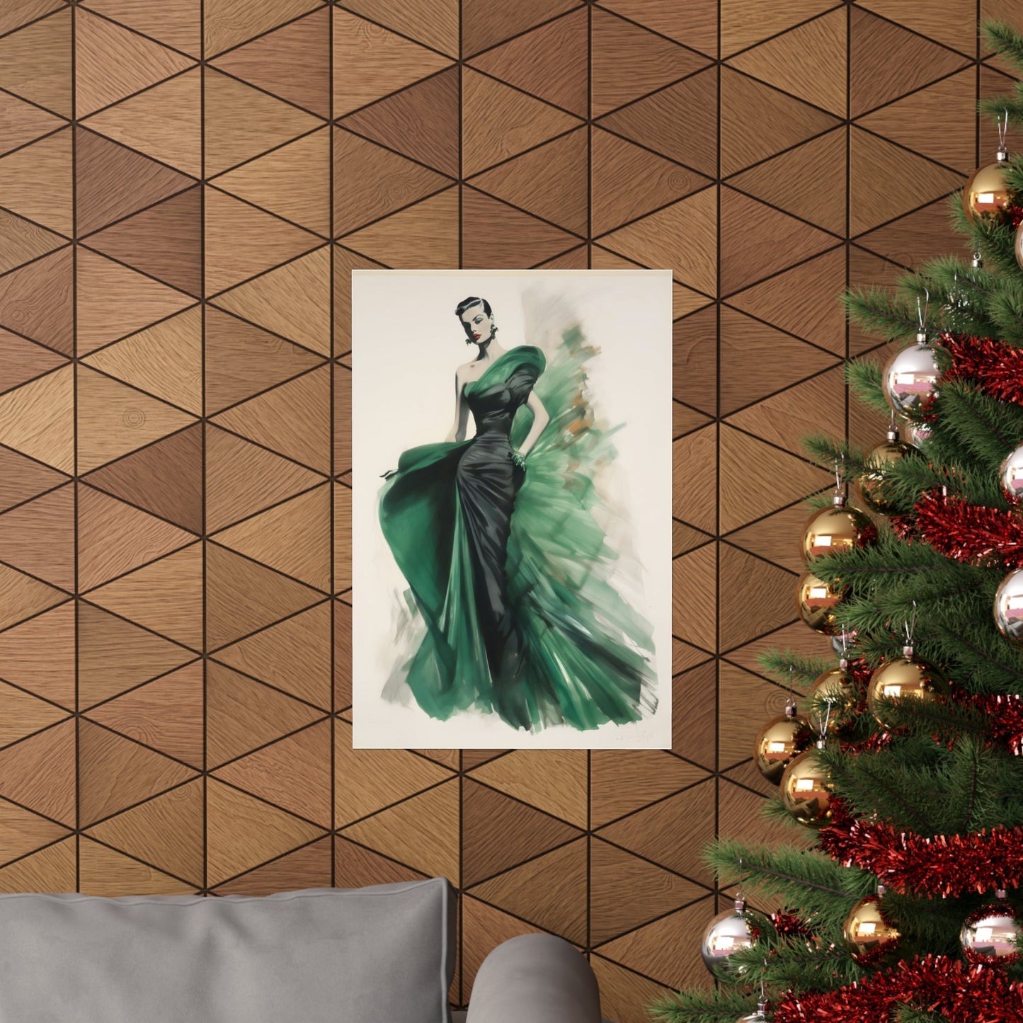 Painting of an elegant woman in a flowing green evening gown.