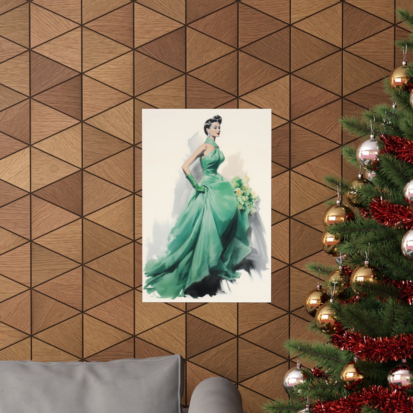 A christmas tree with a picture of a woman in a green dress