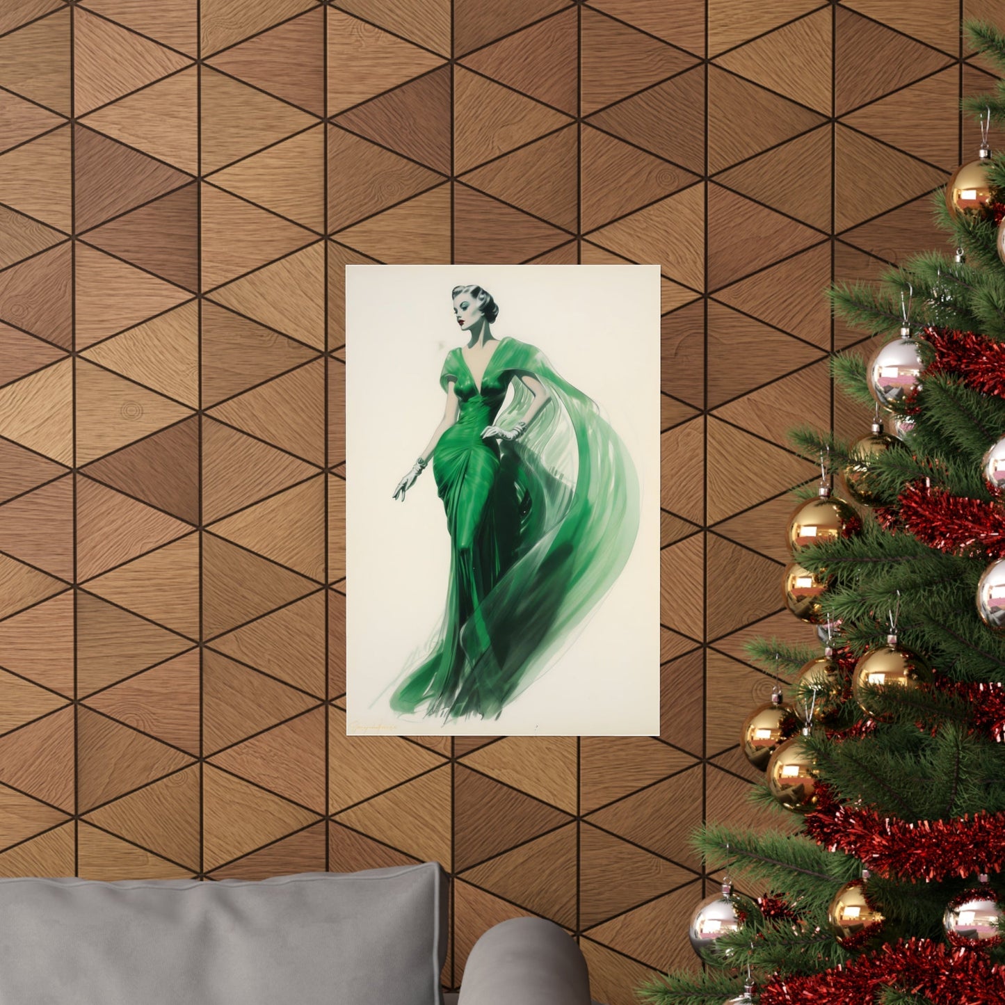 A christmas tree with a picture of a woman in a green dress