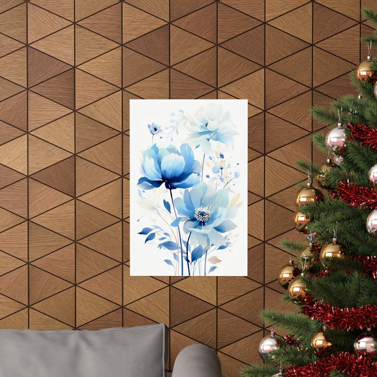 A christmas tree with a blue flower on it