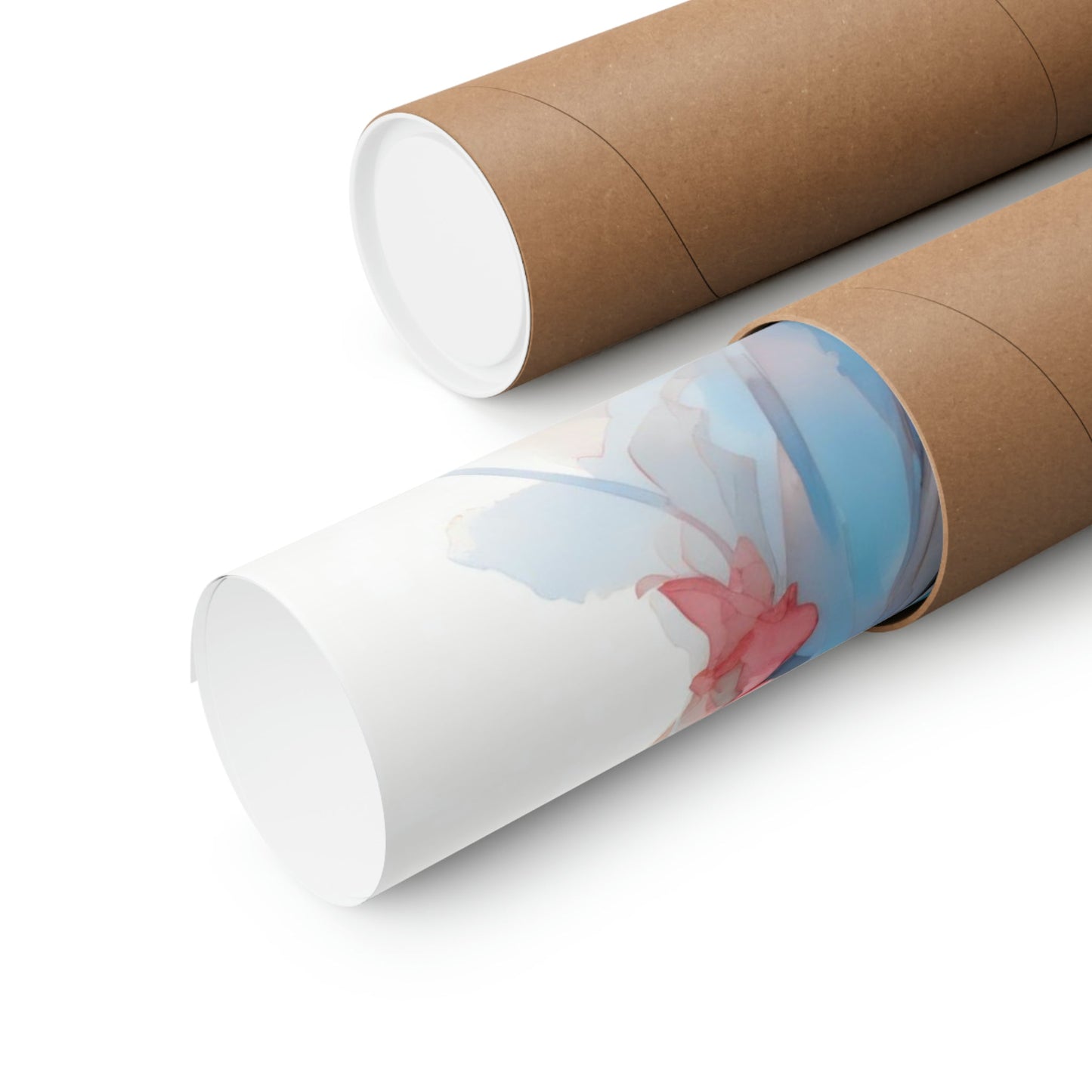 Two rolls of brown paper with a blue and pink design