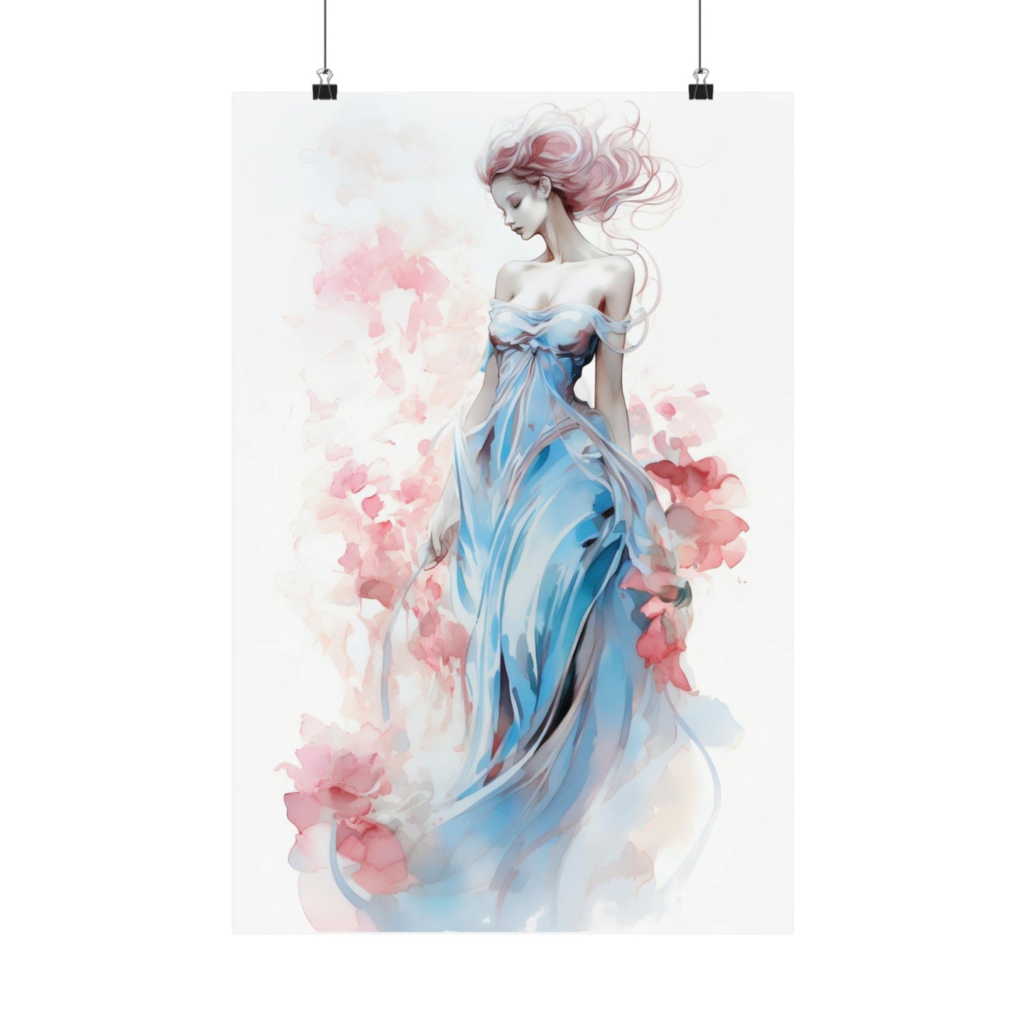 A woman in a blue dress with pink flowers on her head