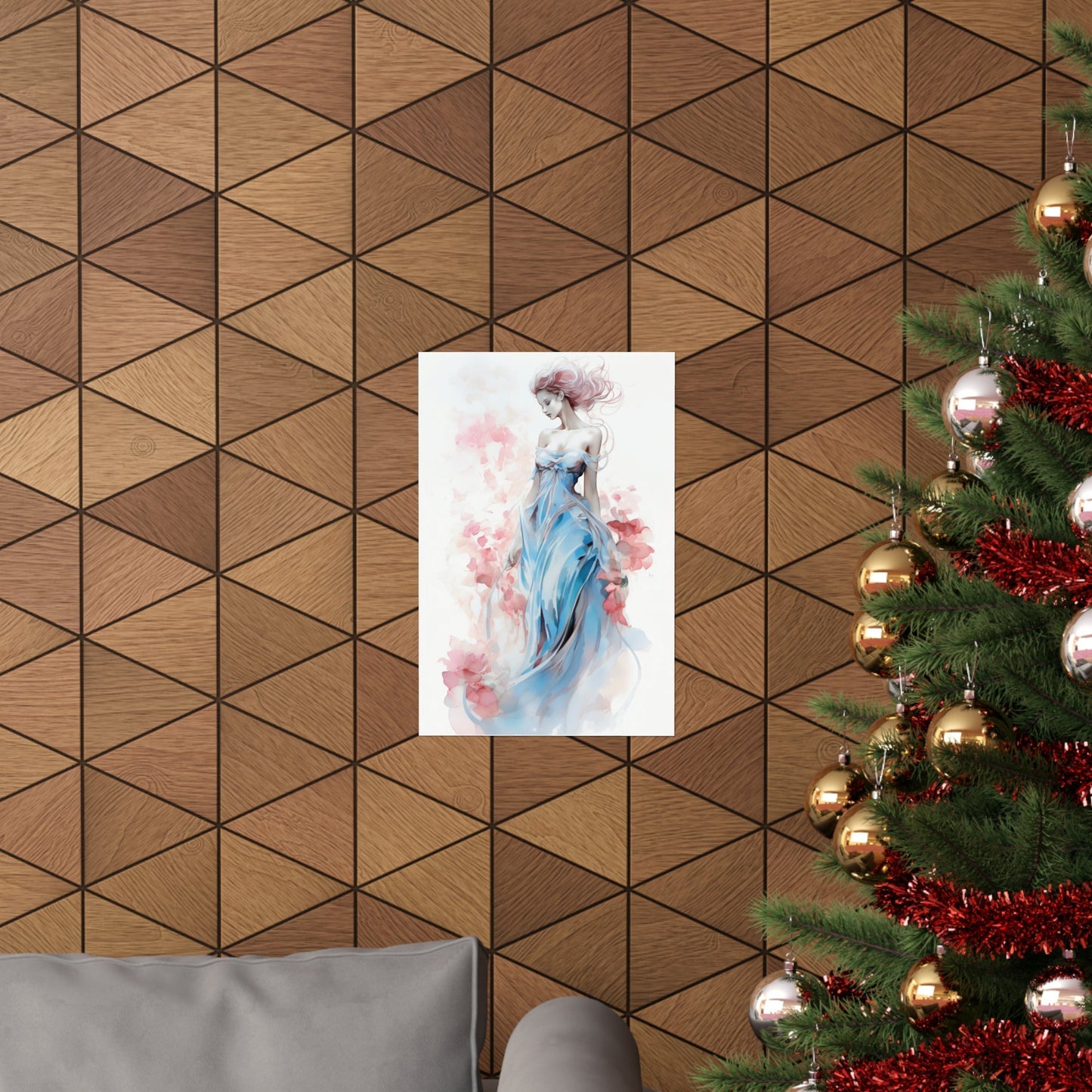 A christmas tree with a picture of a woman in a blue dress
