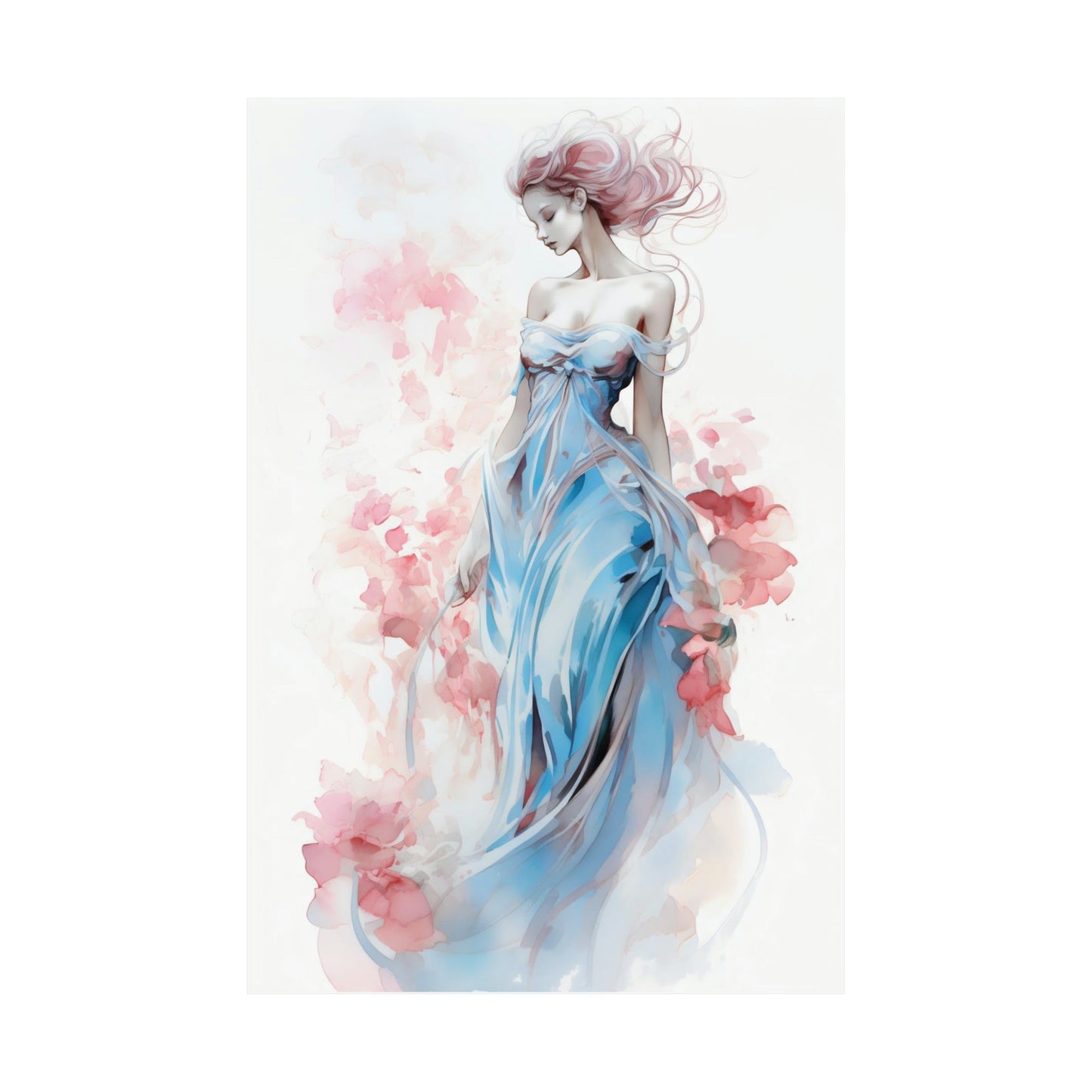 A woman in a blue dress with flowers