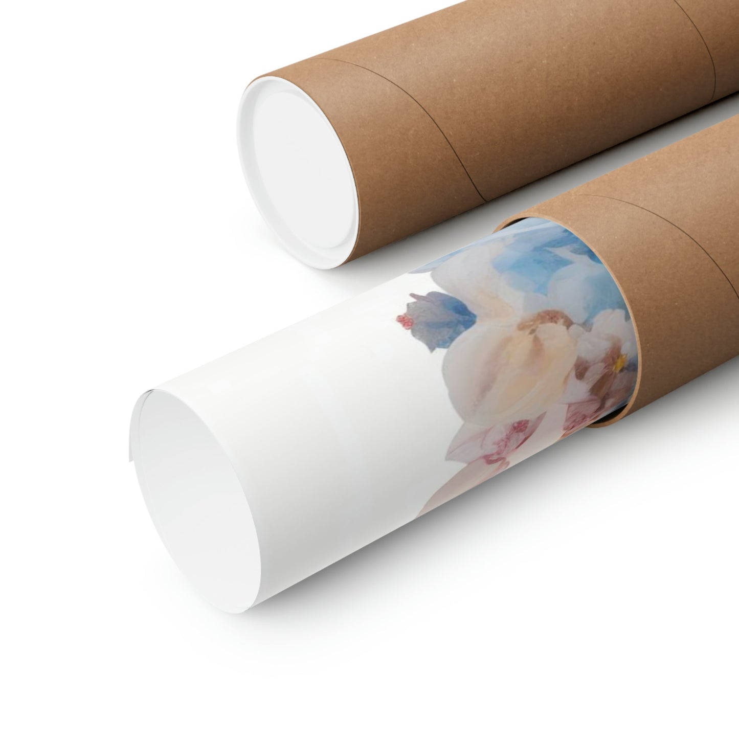 Two rolls of brown paper with a photo of a woman on it