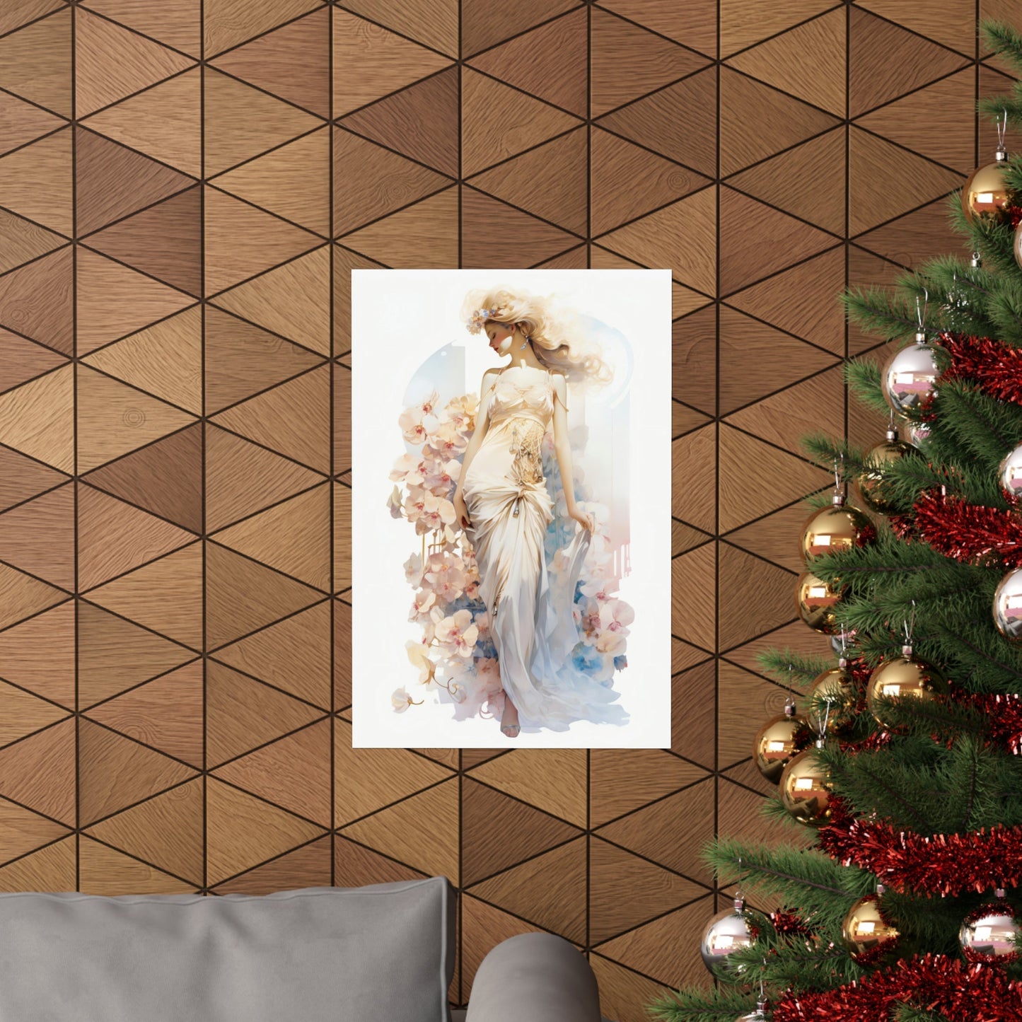 A christmas tree with a picture of a woman in a dress