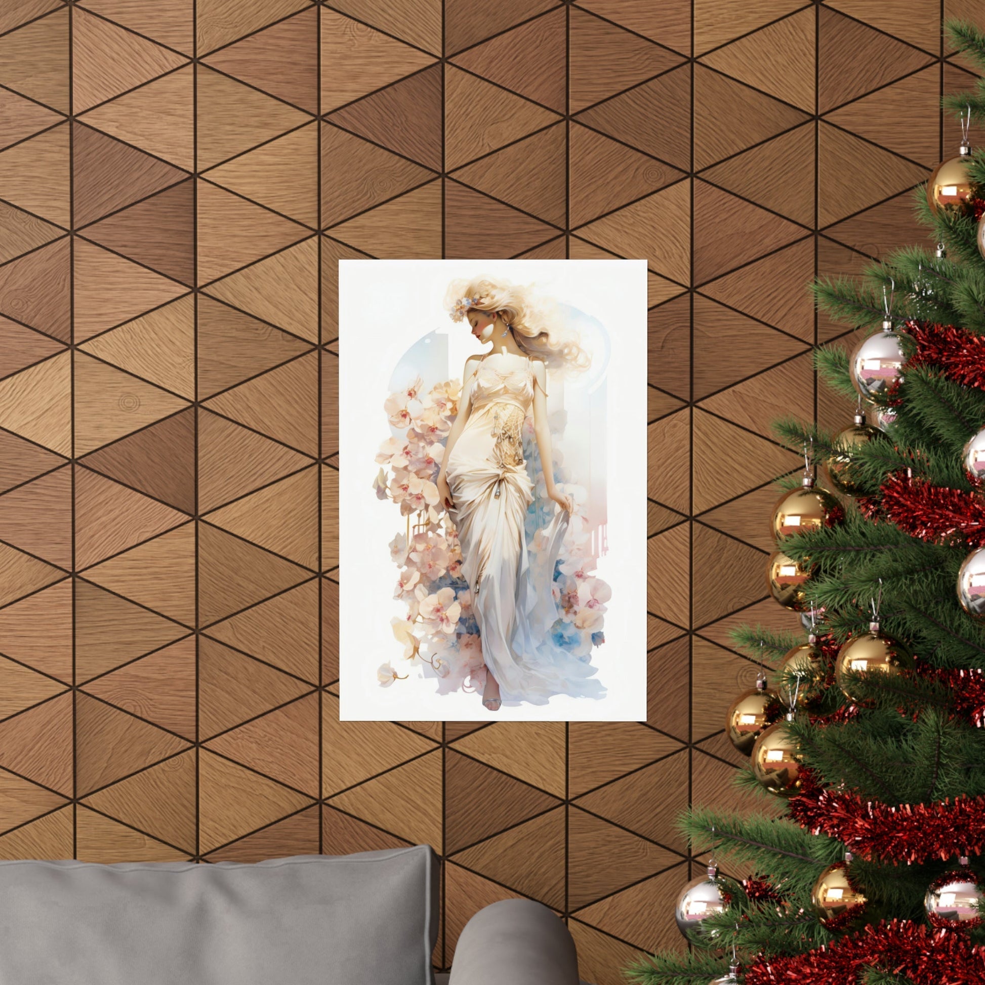 A christmas tree with a picture of a woman in a dress