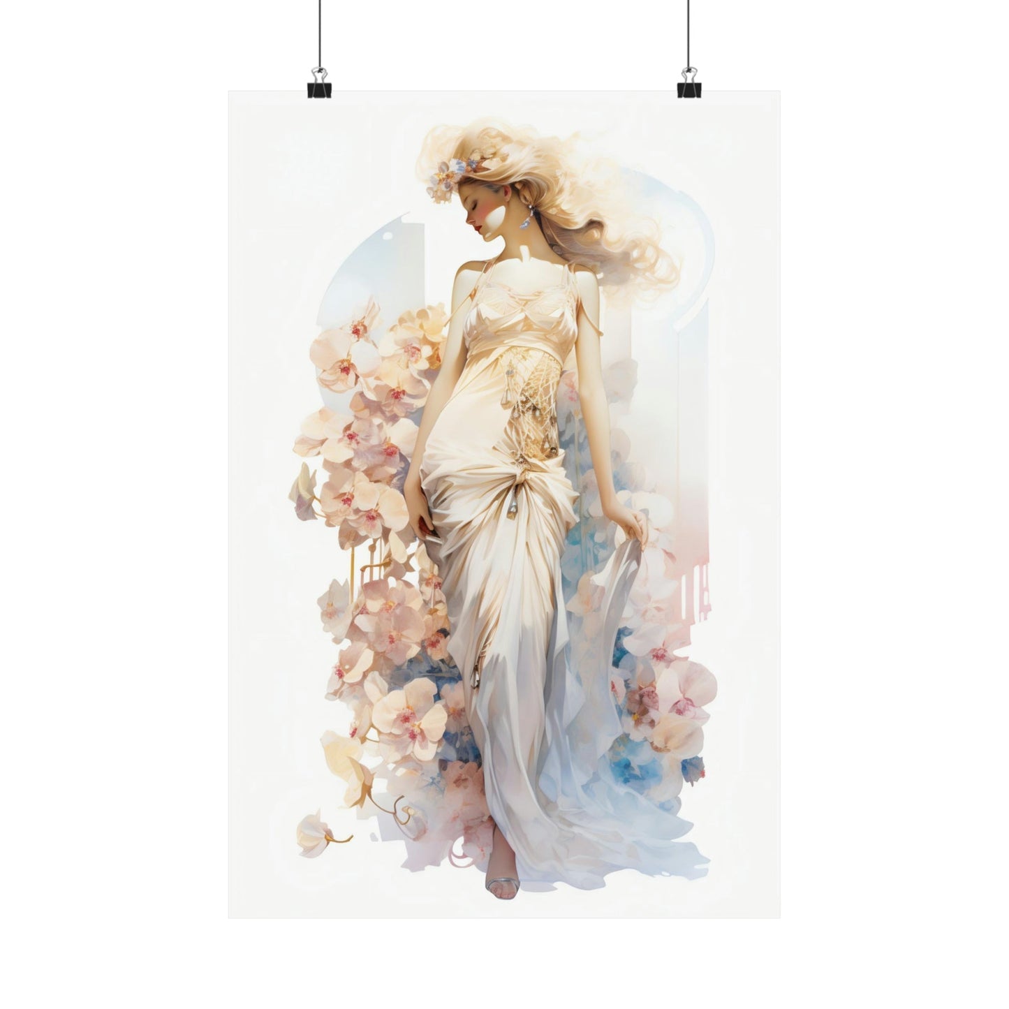 A woman in a white dress with flowers on her head