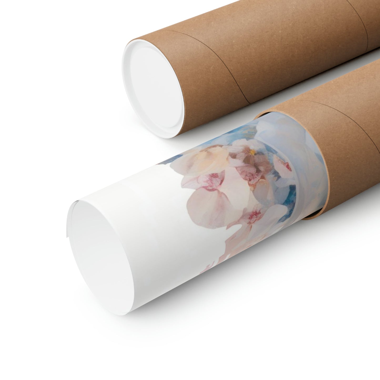 Two rolls of brown paper with a photo of a woman