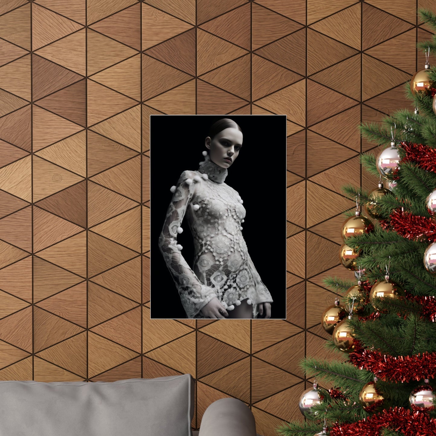 A christmas tree with a picture of a woman