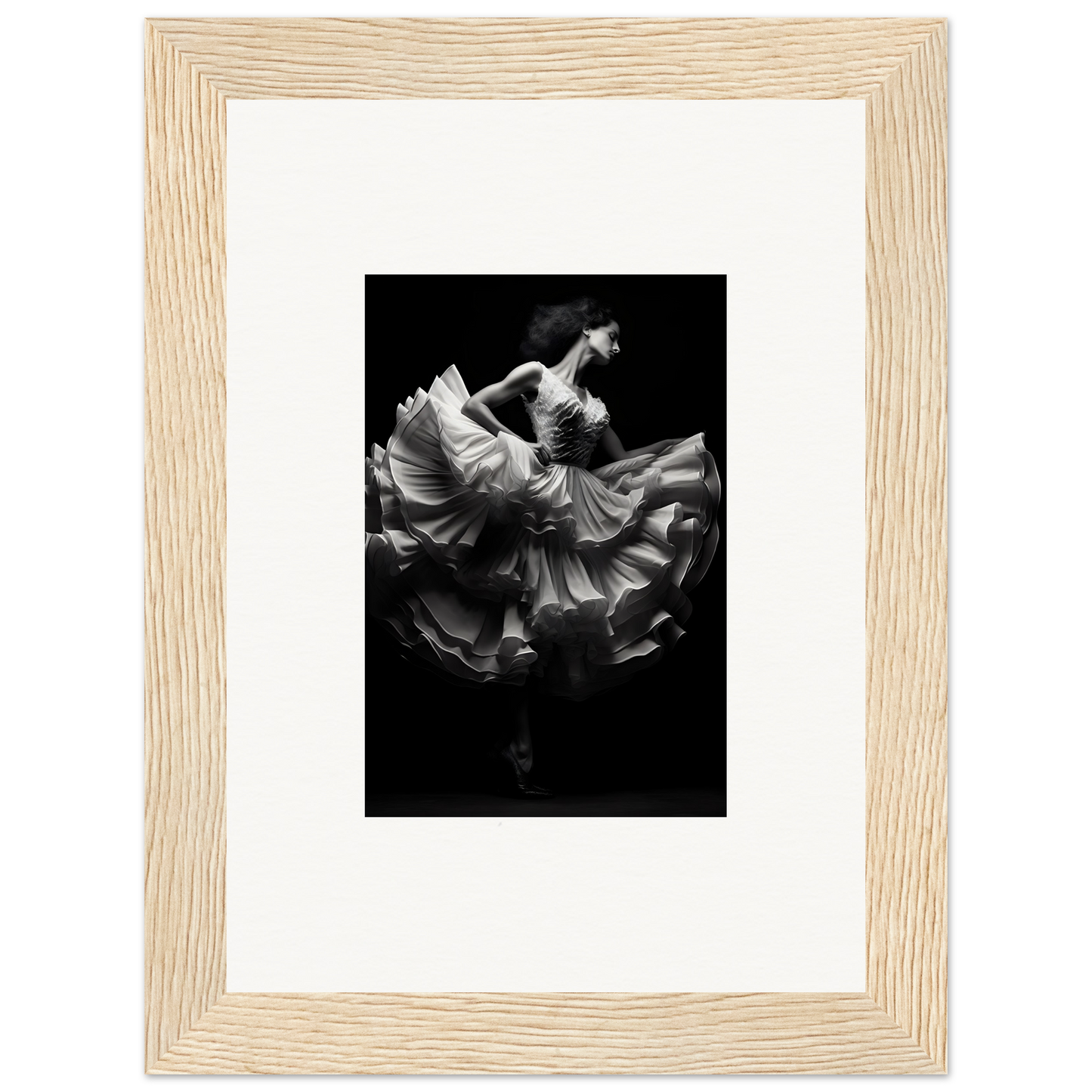Black and white photograph of a dancer in a flowing dress mid-twirl.