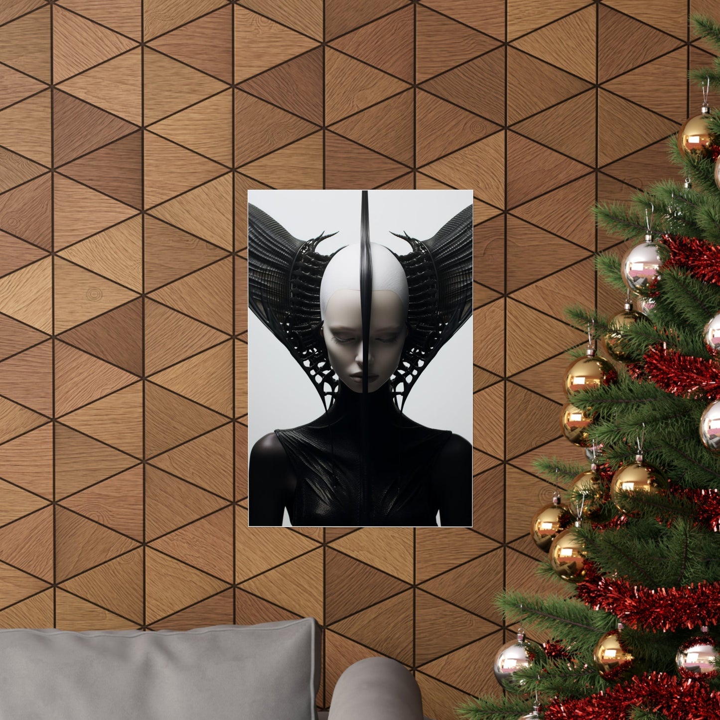 Striking black and white portrait of a figure with an elaborate winged headdress.