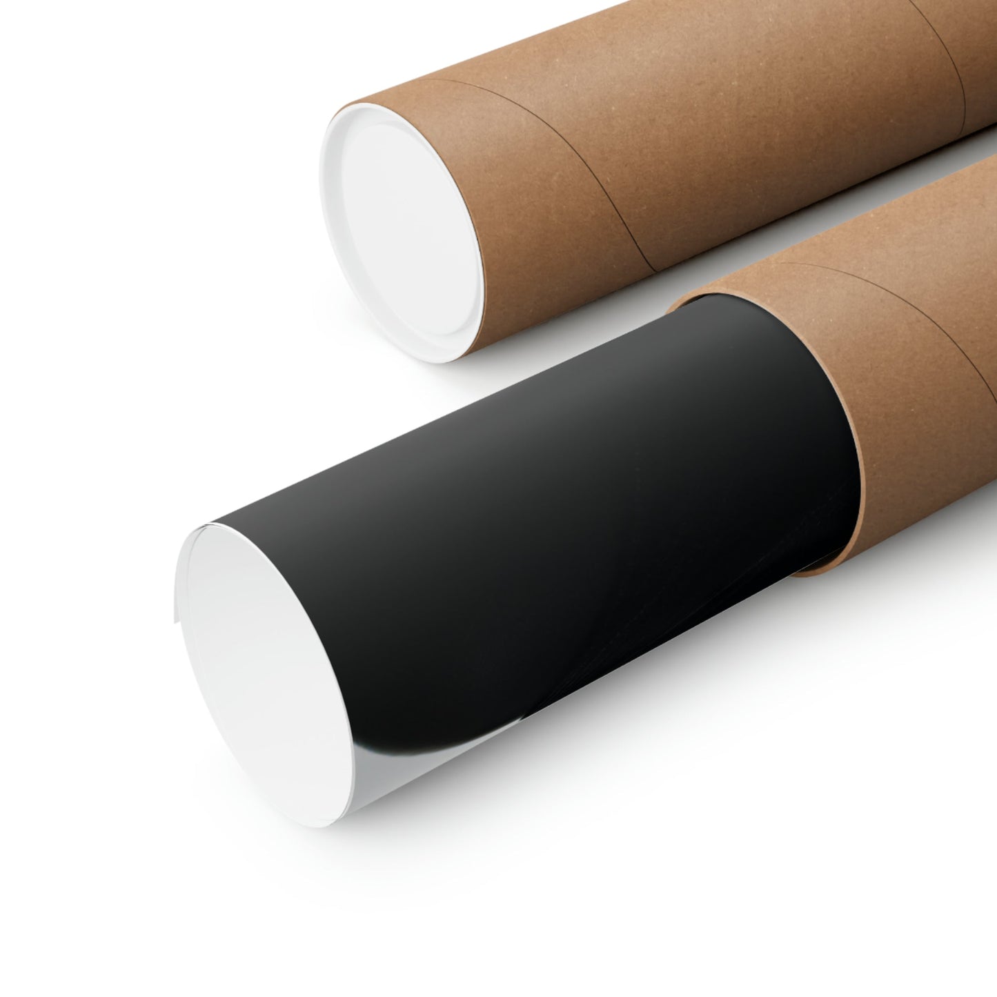 Cylindrical tubes or rolls, one with a black exterior and one with a brown exterior, both showing white ends.