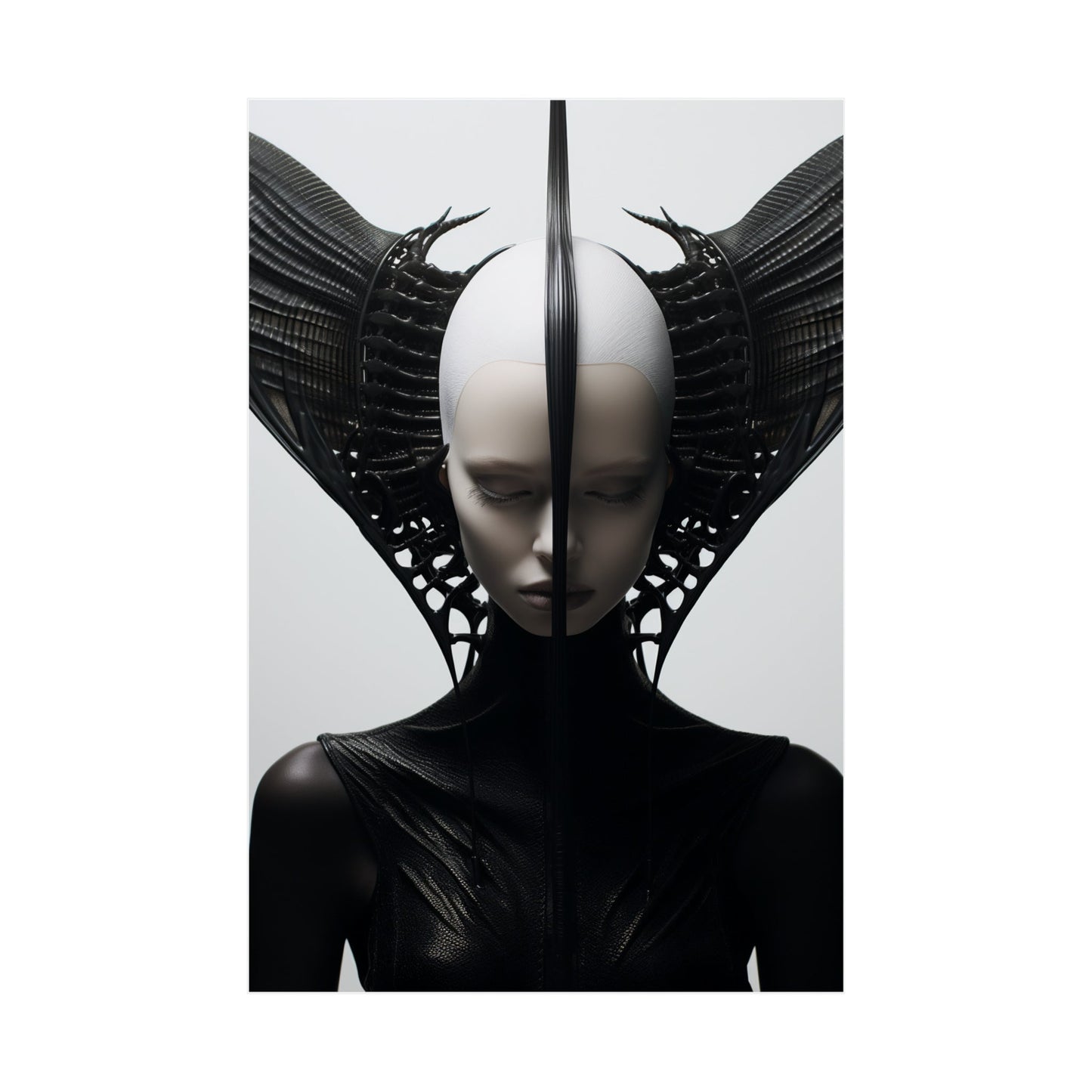 Striking avant-garde headpiece with wing-like structures framing a pale, featureless face.