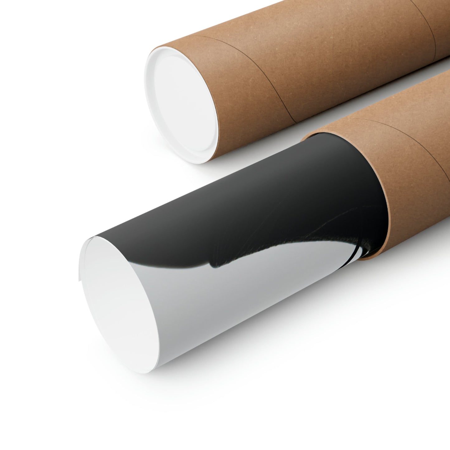 Cardboard mailing tubes, one partially unwrapped to reveal a white interior.