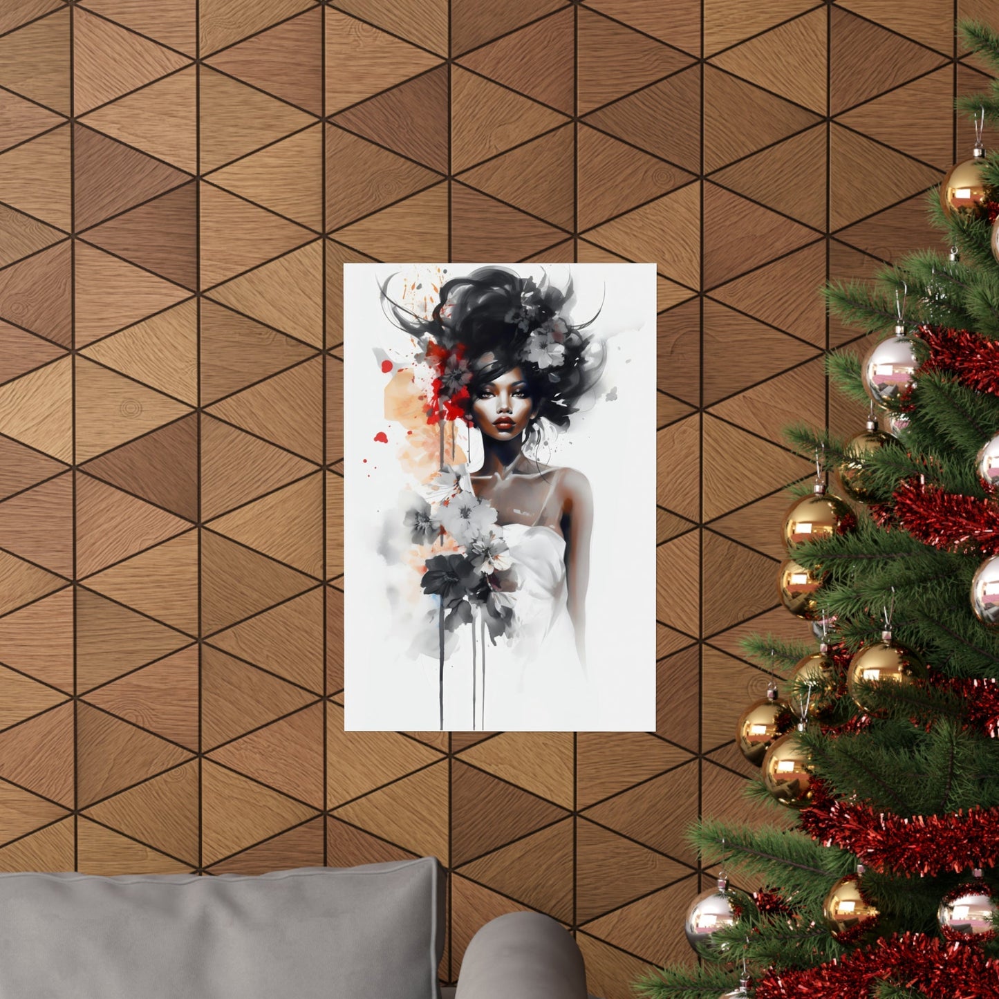 A christmas tree with a painting of a woman