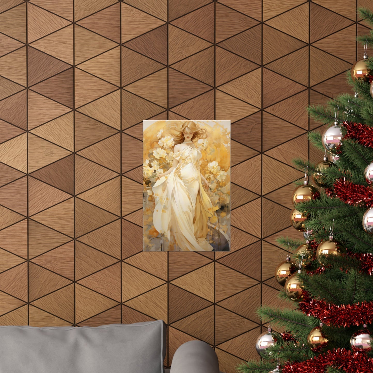 A christmas tree with a picture of a woman