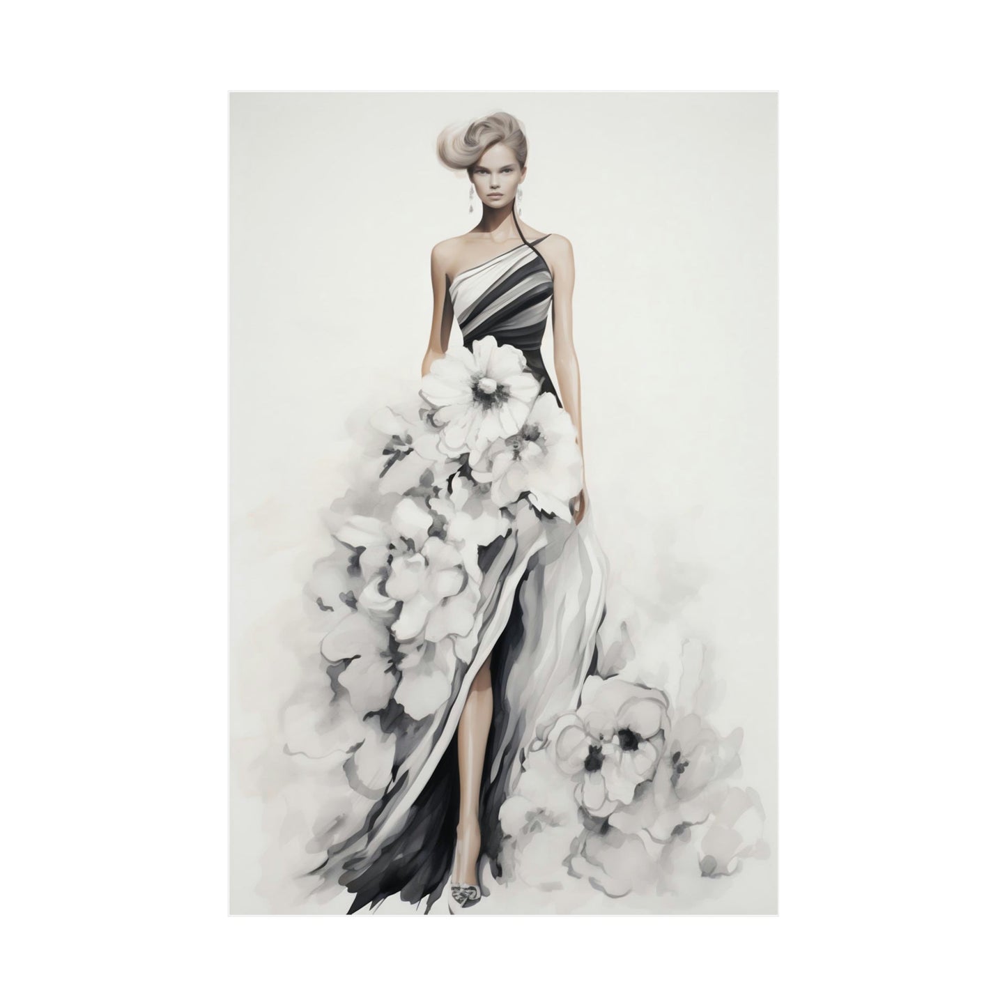 A woman in a black and white dress with flowers